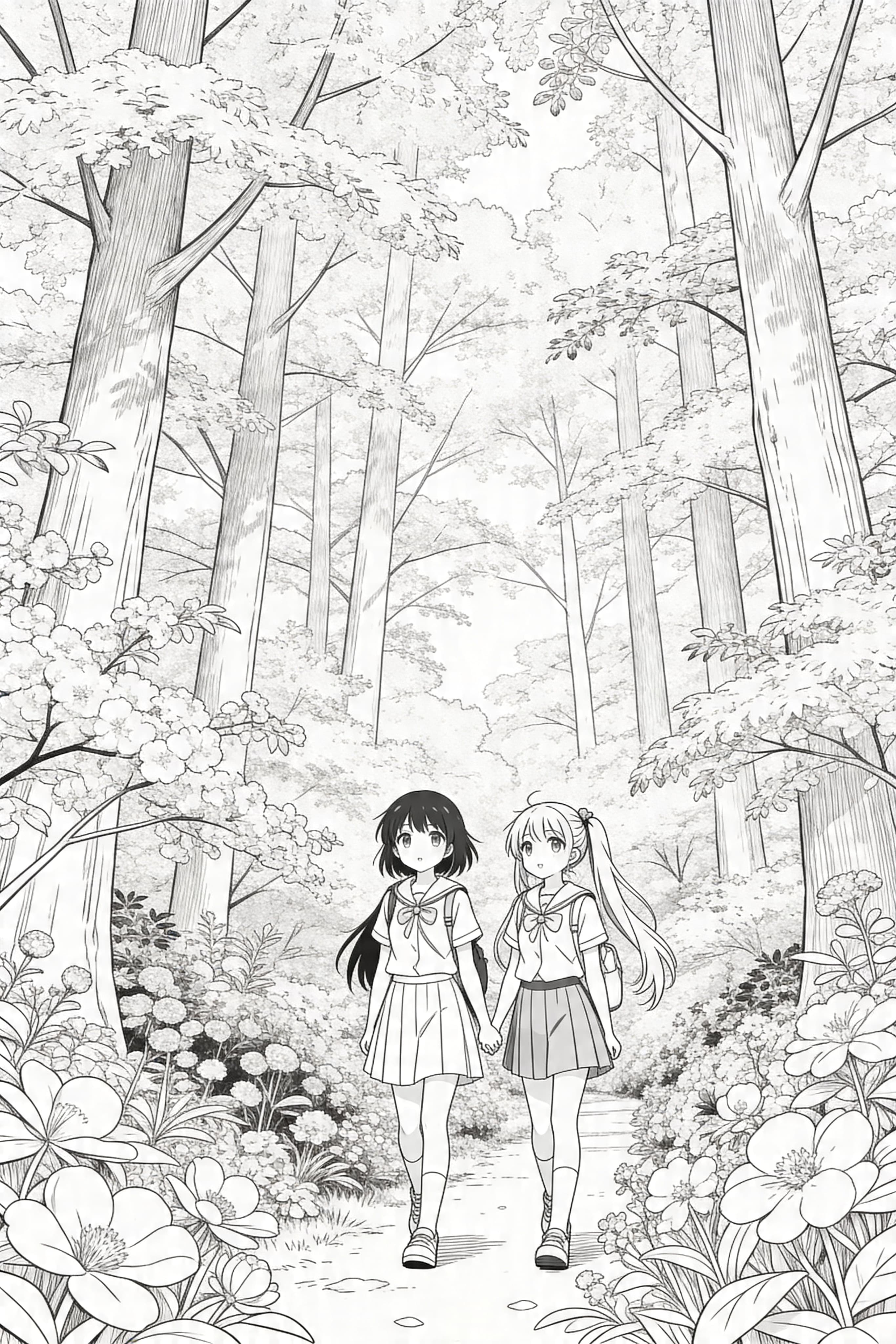 Anime Forest in Spring Coloring Page