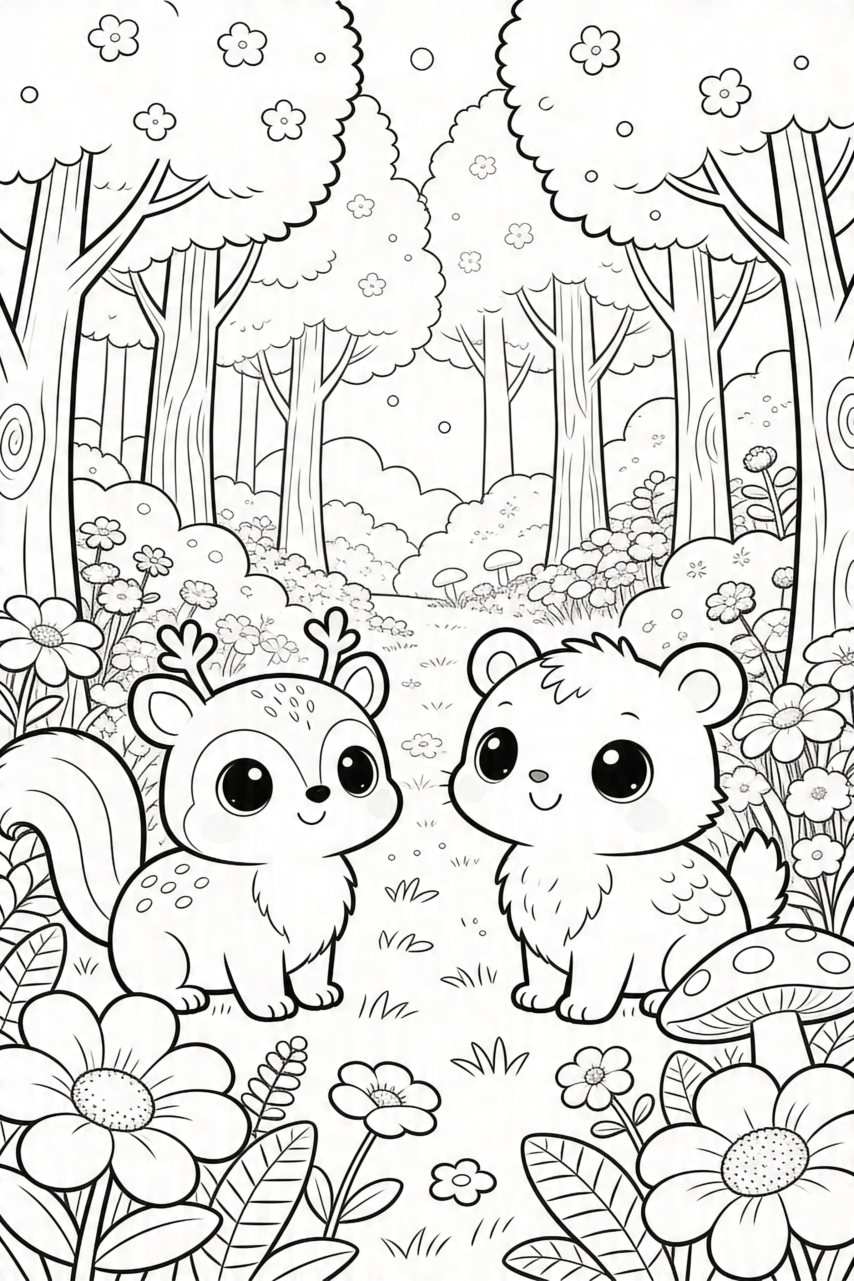 Cute cartoon forest in spring with trees and flowers coloring page