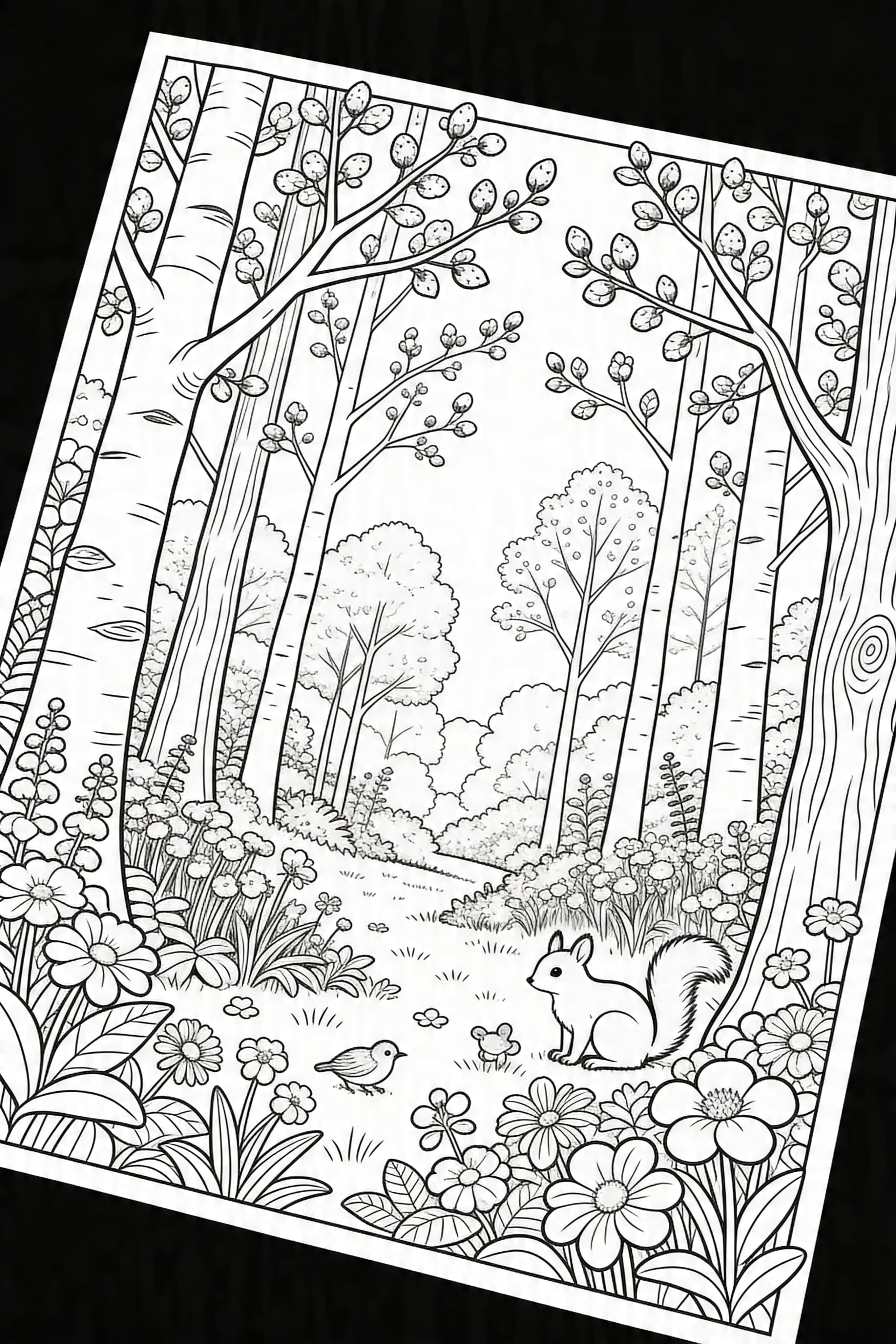 Beautiful Forest in Spring Coloring Page for Adults