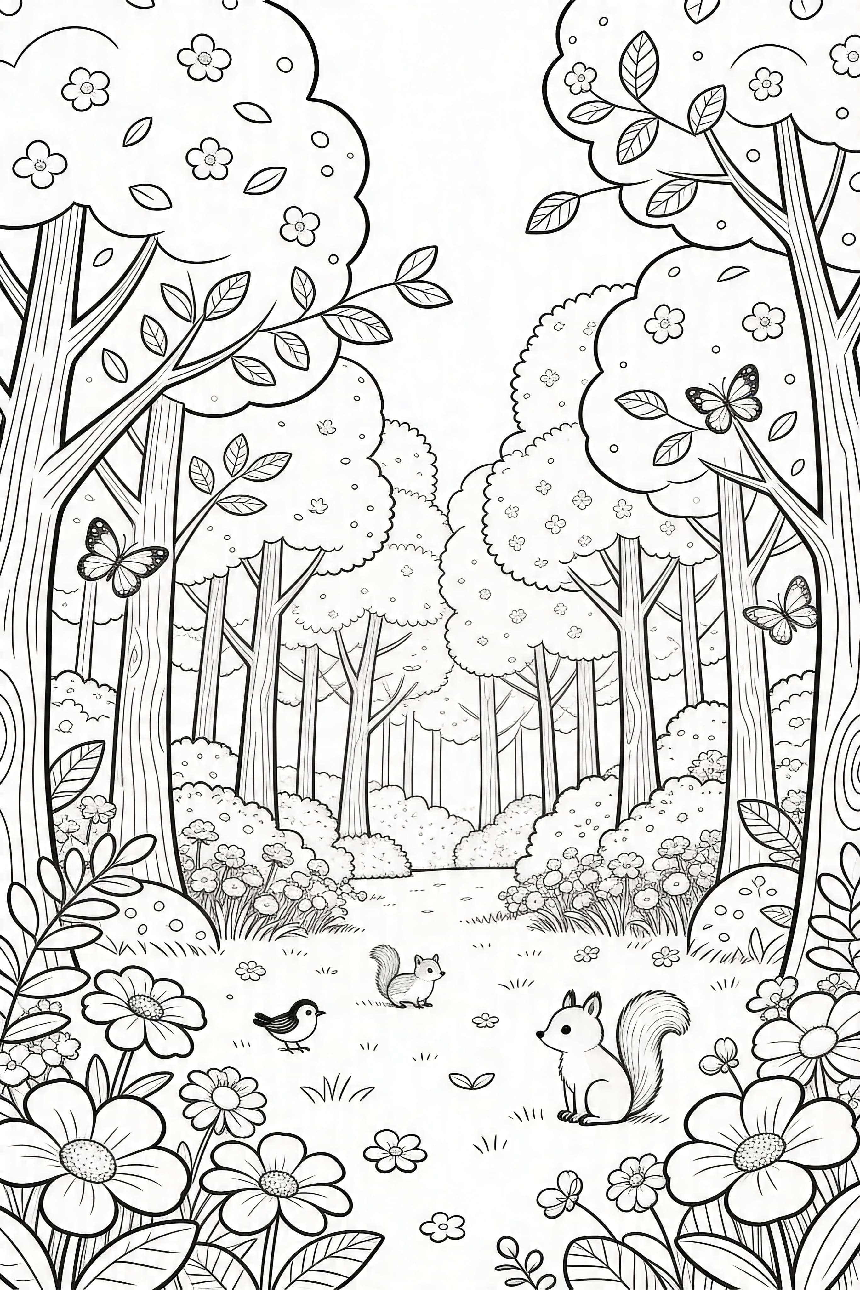 Doodle style illustration of a beautiful forest in spring for coloring