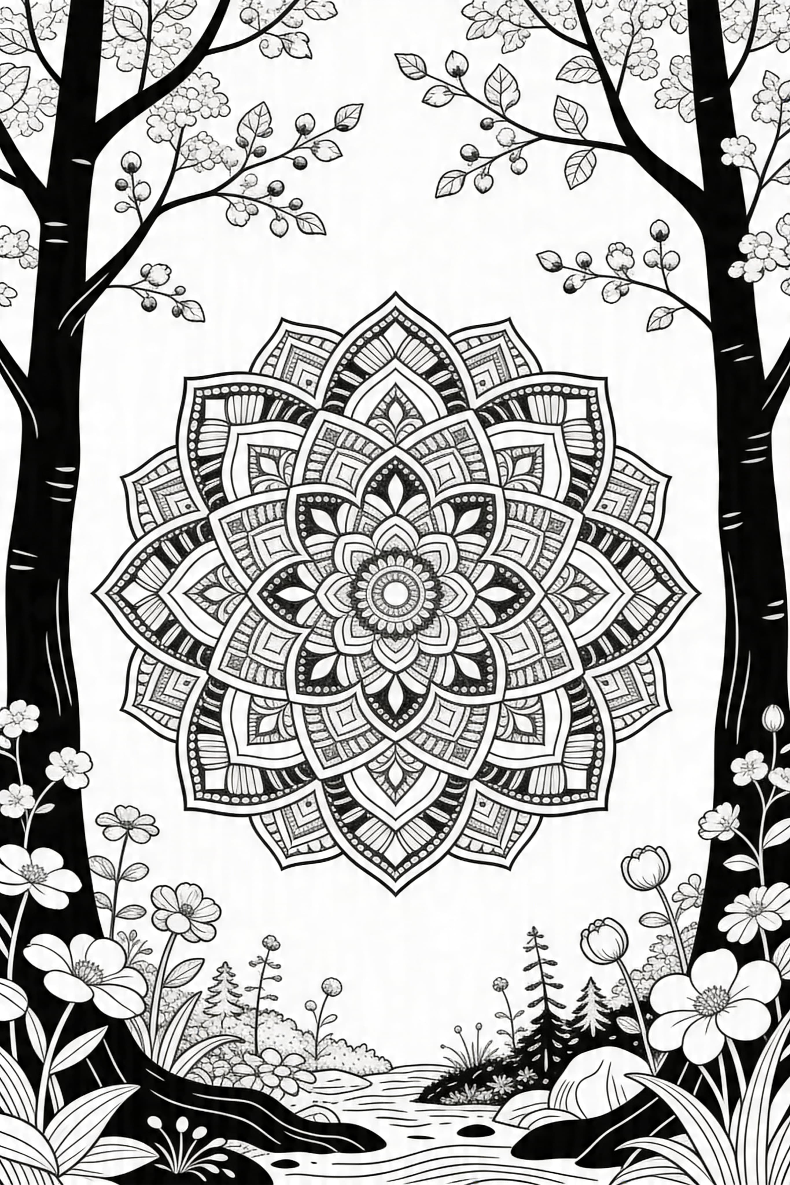 Mandala style coloring page featuring a spring forest scene