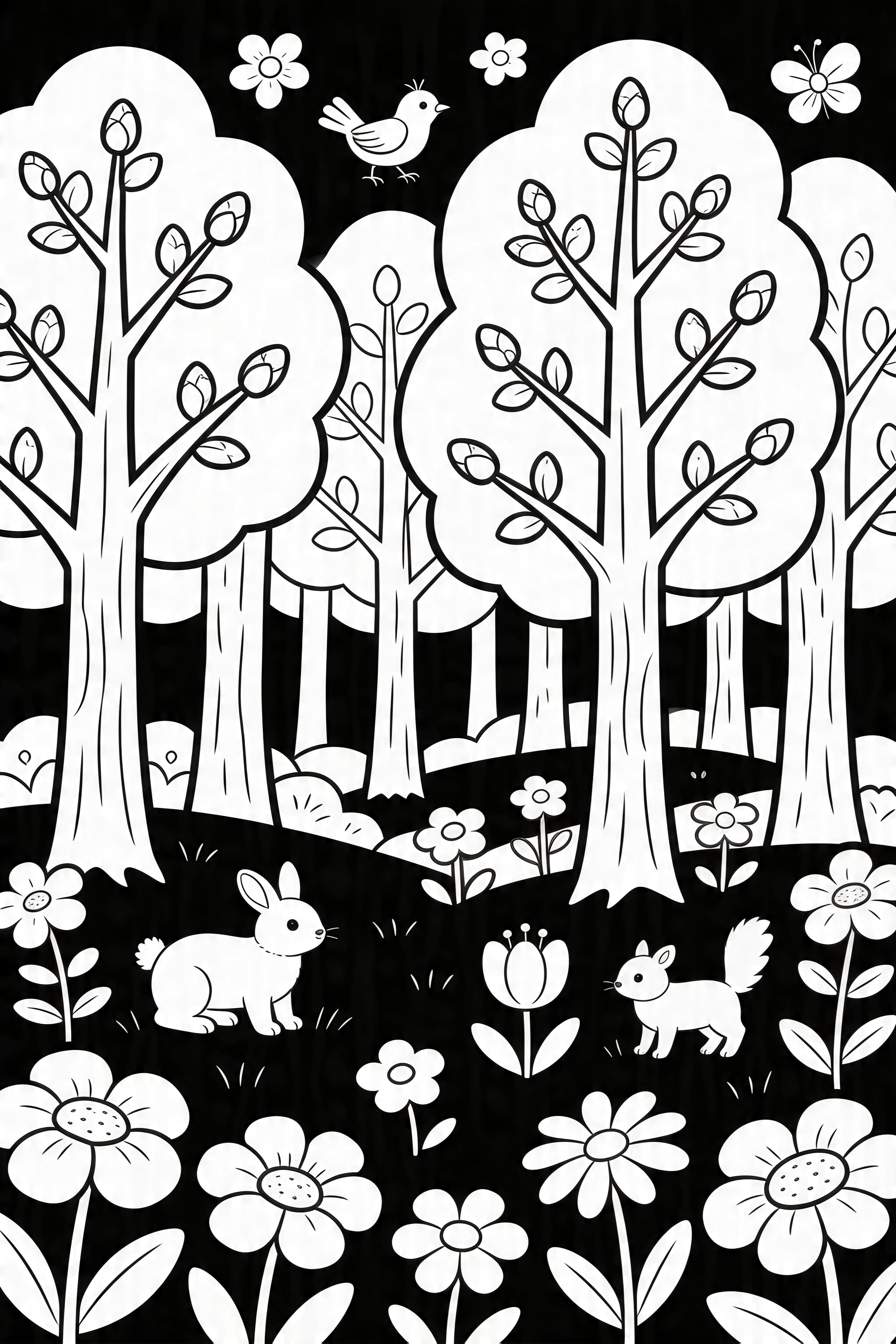 Printable coloring page of a beautiful forest in spring for kids