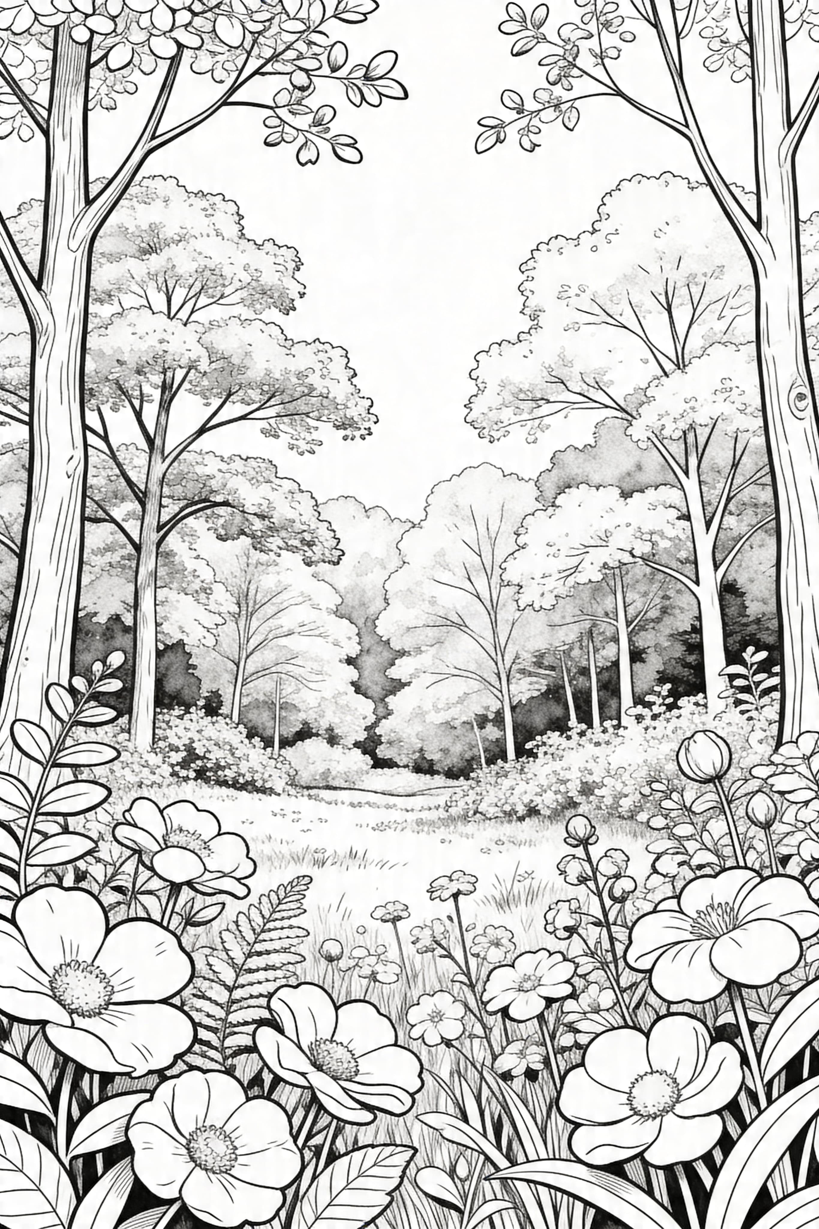 Watercolor Outline: Forest in Spring Coloring Page