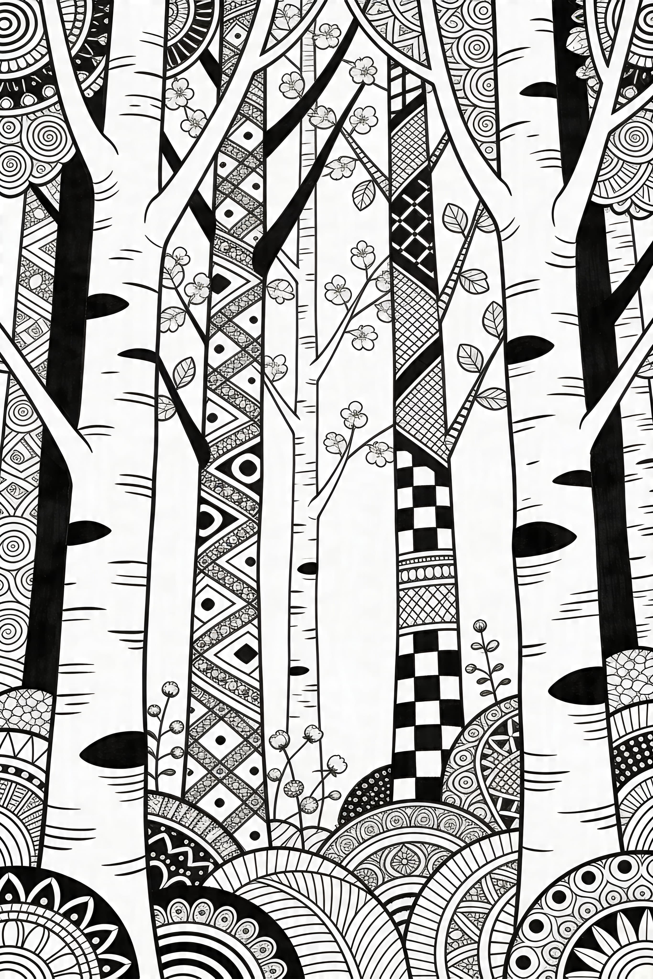 Zentangle Forest in Spring Coloring Page