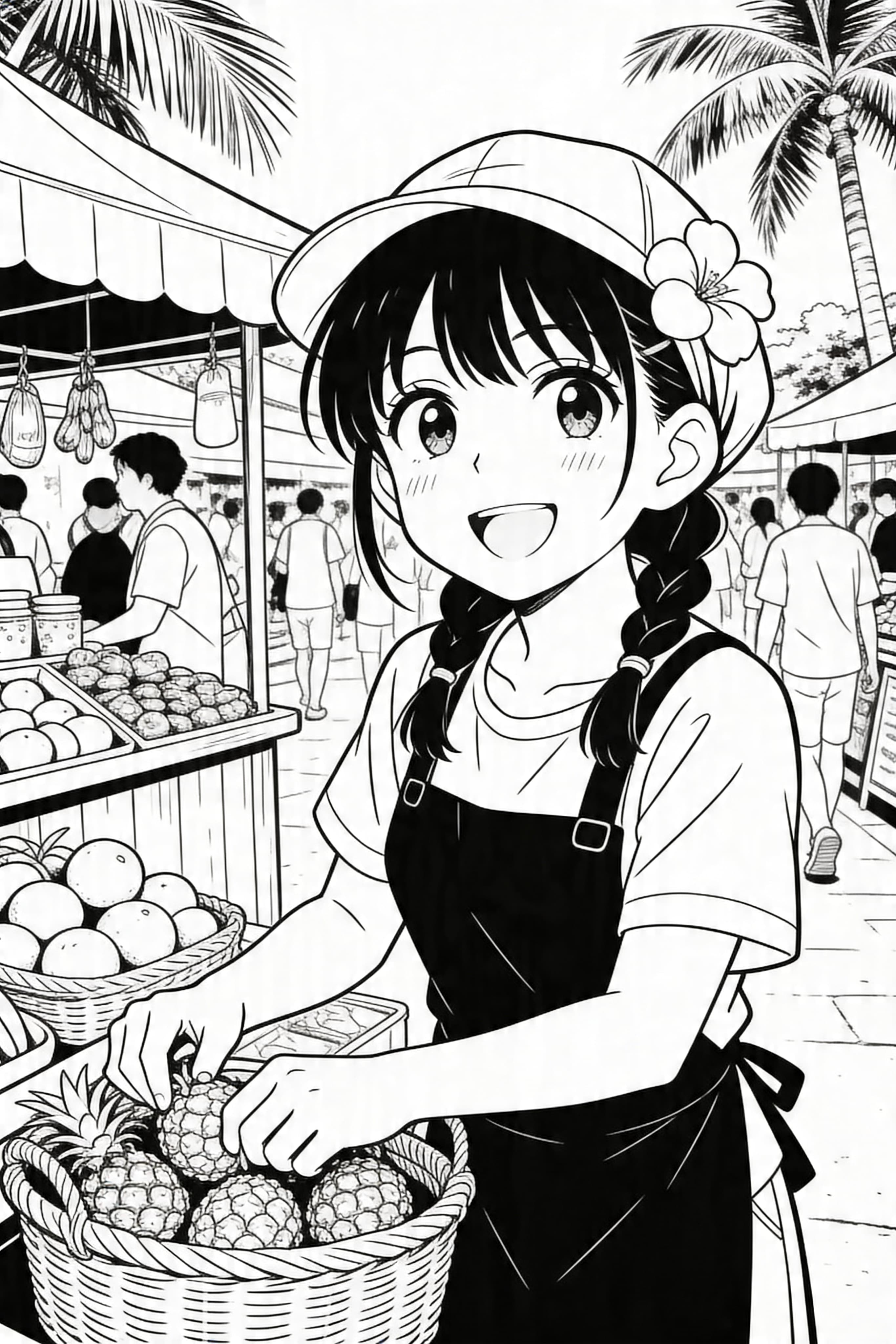 Anime style coloring page featuring a happy street vendor in a tropical setting