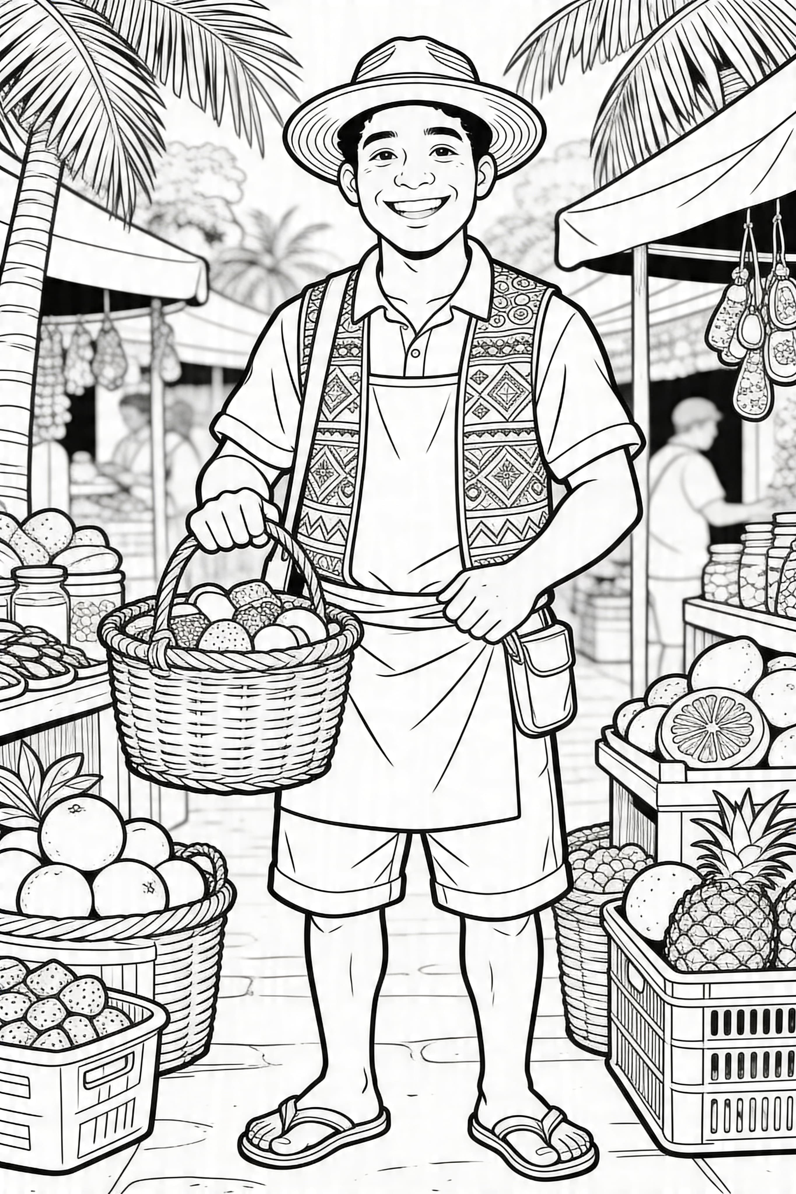 Detailed coloring page of a happy street vendor in a tropical setting