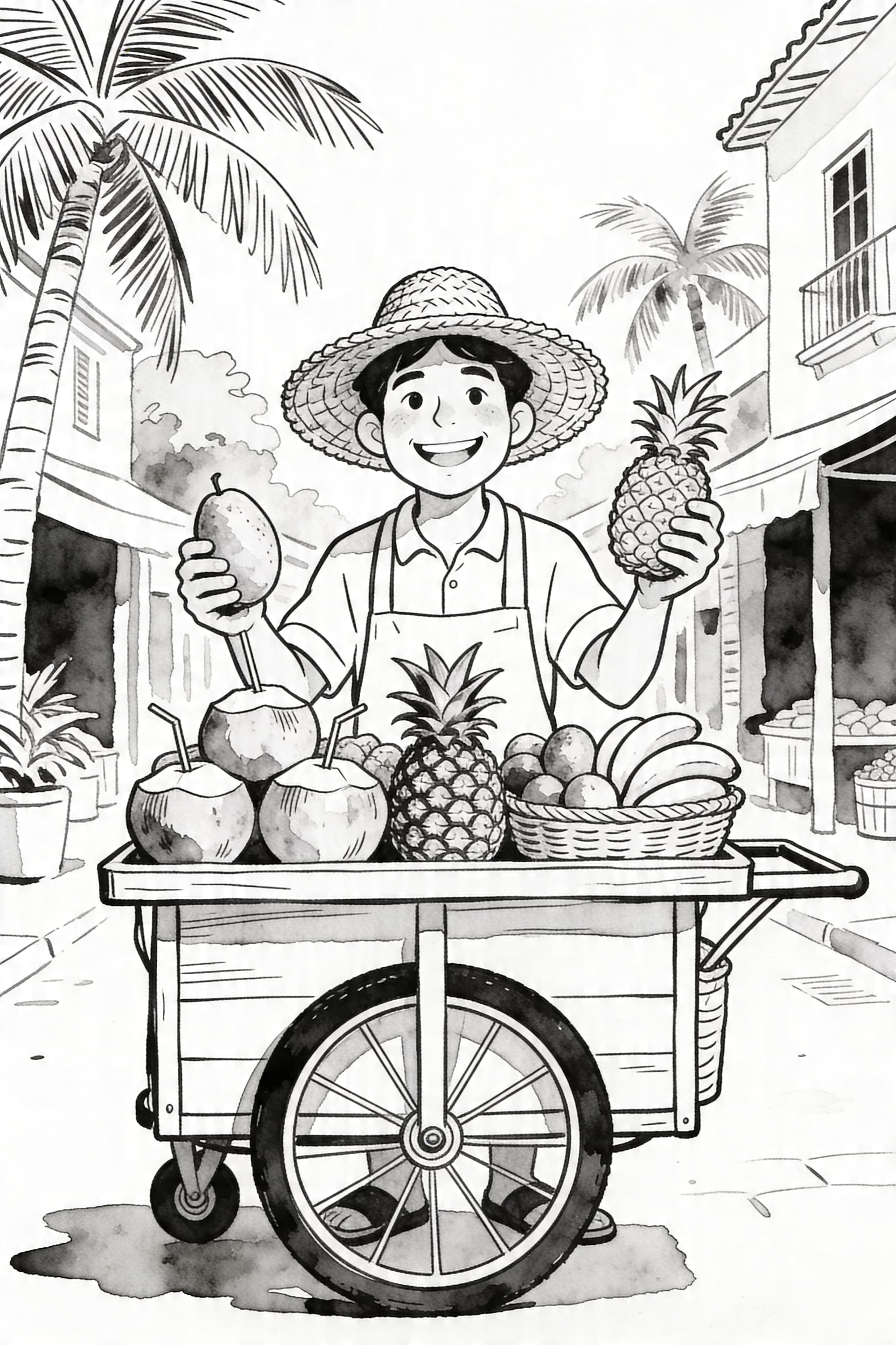 Watercolor Outline Happy Street Vendor Coloring