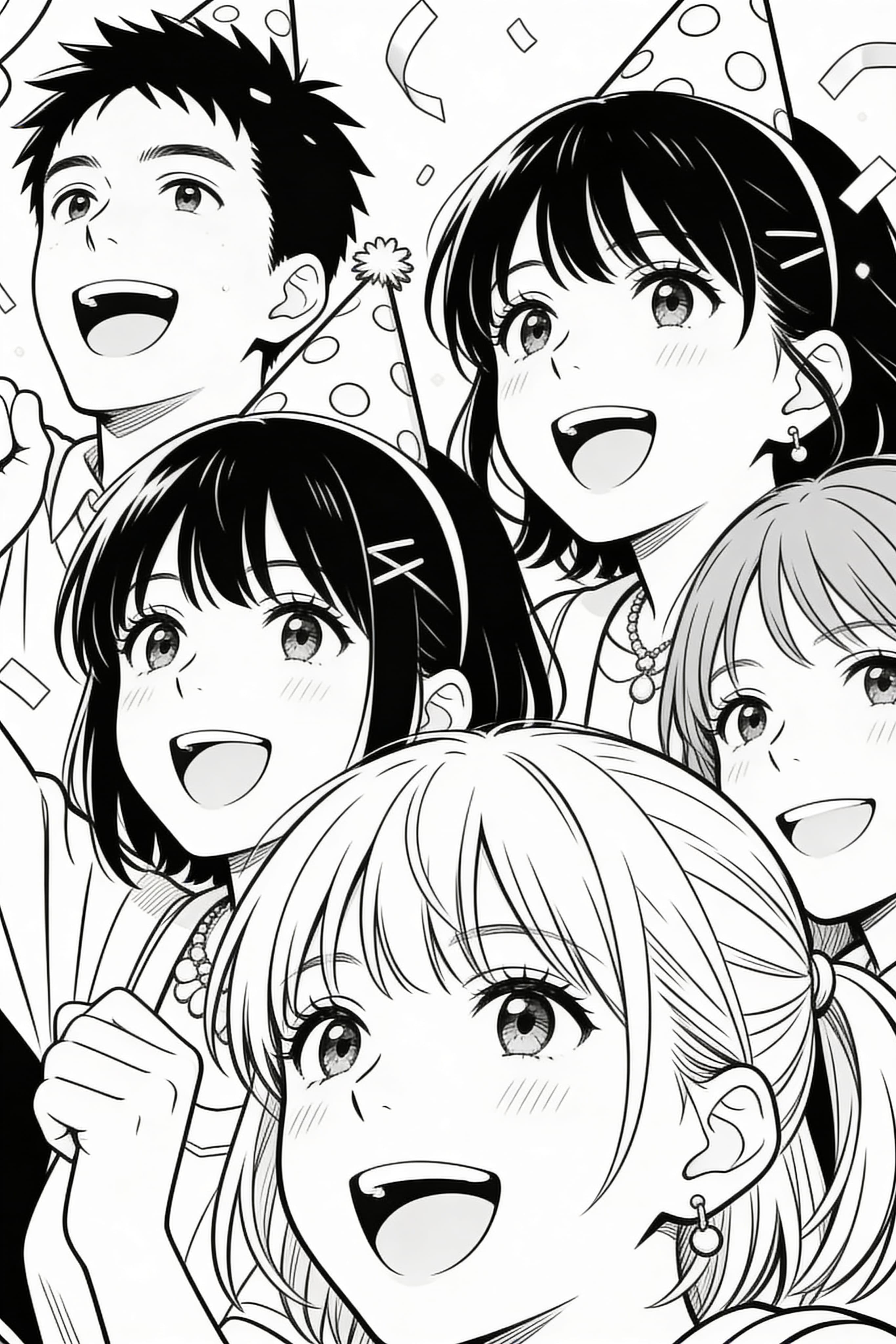 Anime style happy people celebrating an event coloring page