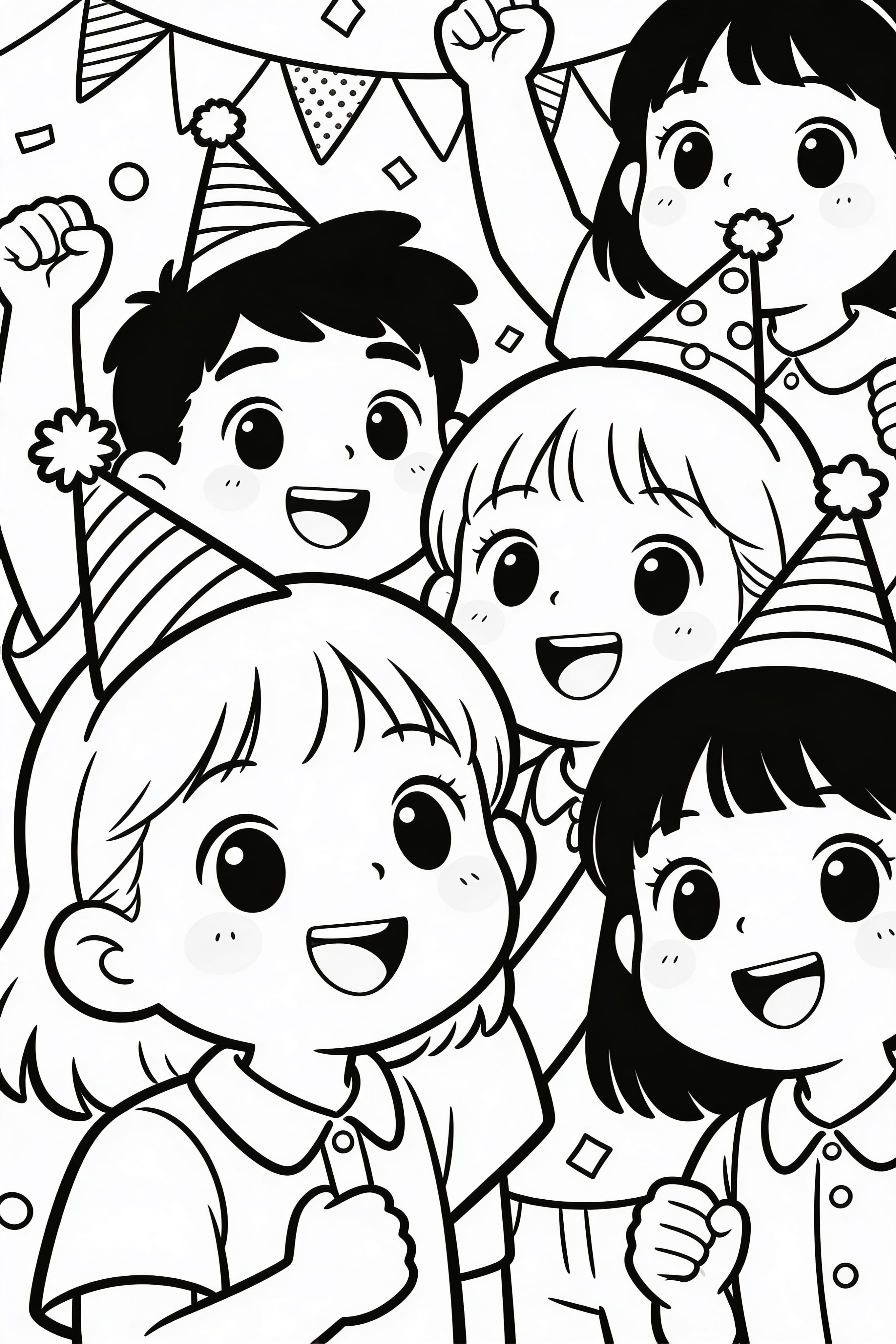 Cute cartoon of happy people celebrating an event with balloons and confetti.