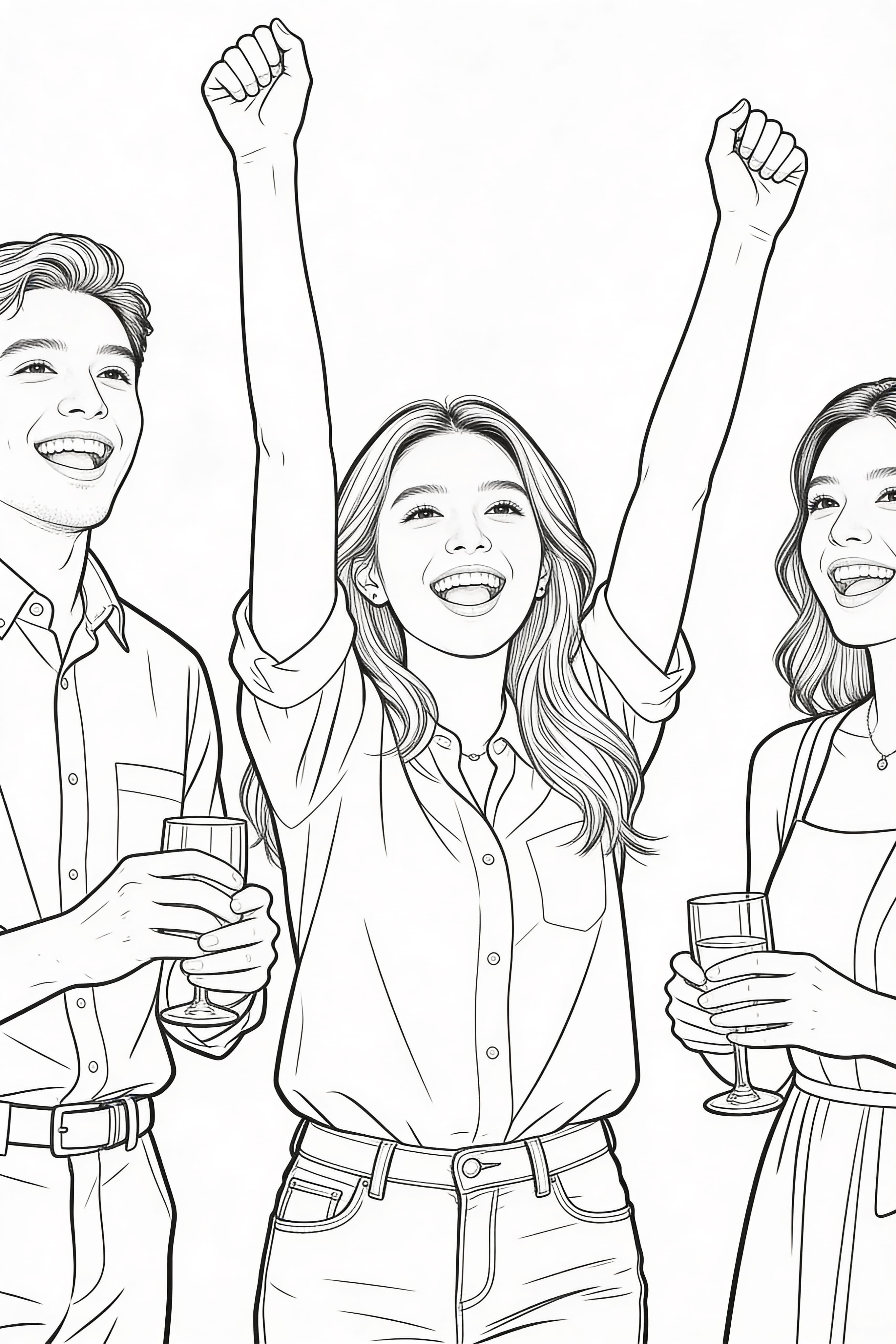Realistic style coloring page of happy people celebrating an event