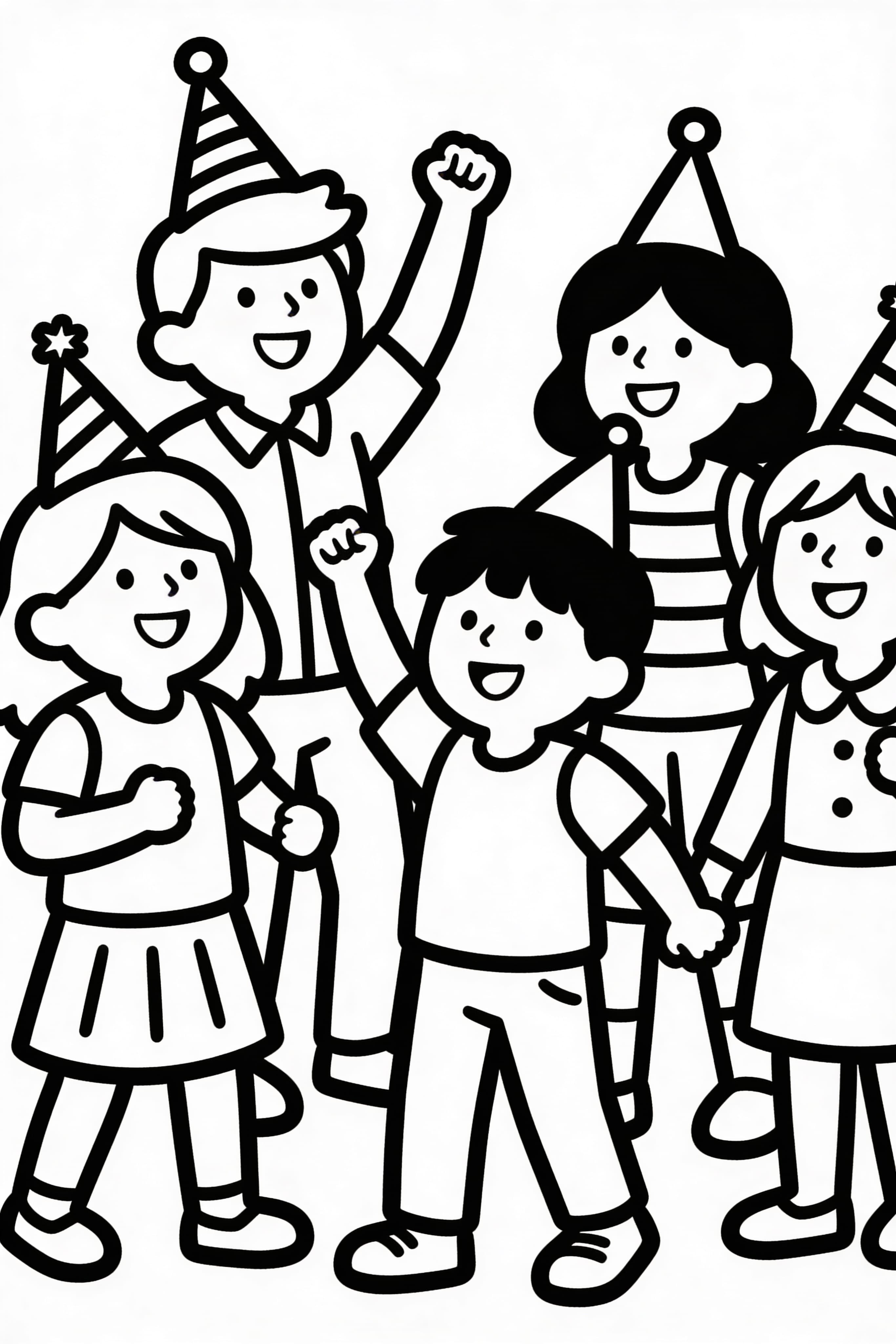 Children coloring page with happy people celebrating an event