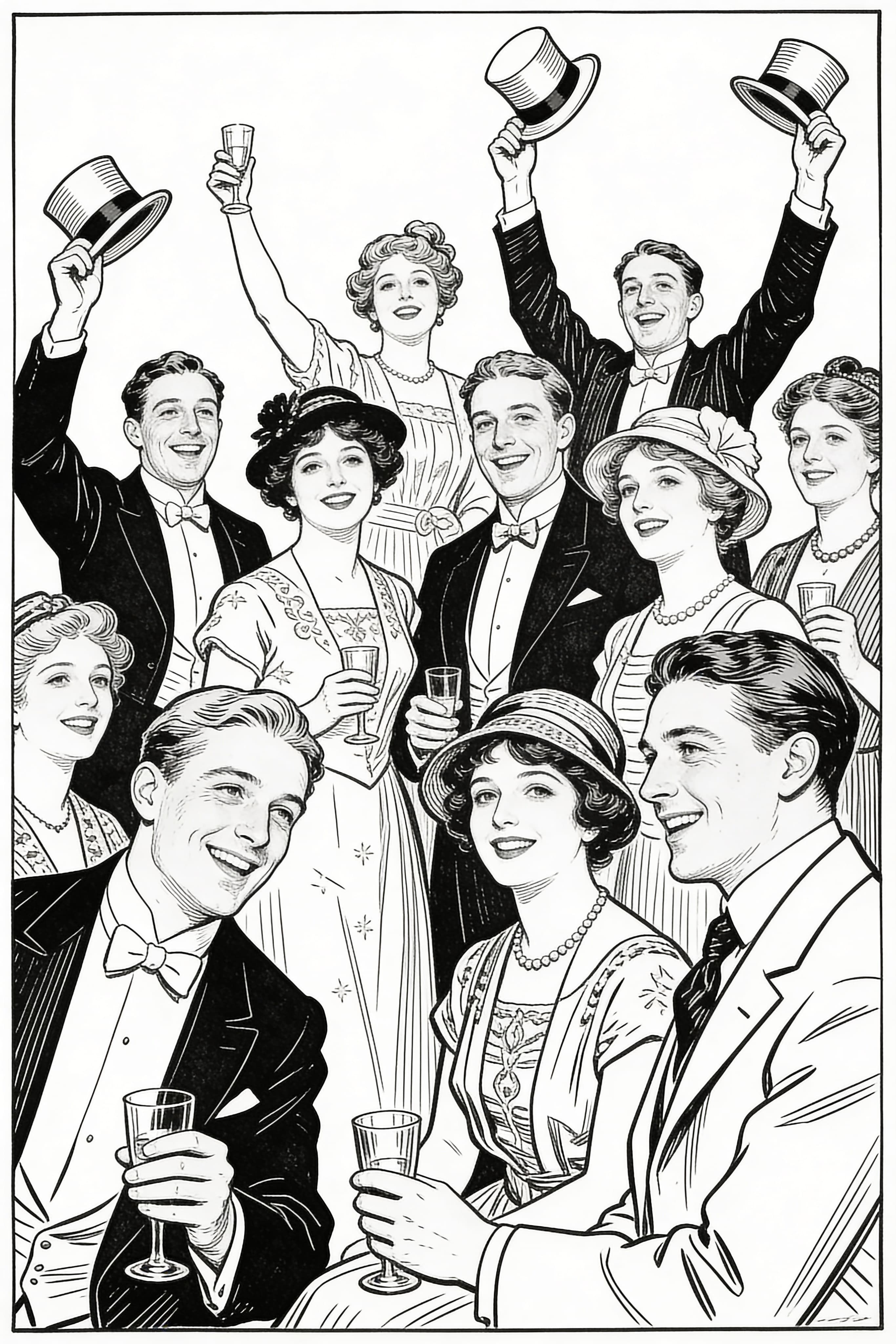 Vintage style happy people celebrating an event, coloring page
