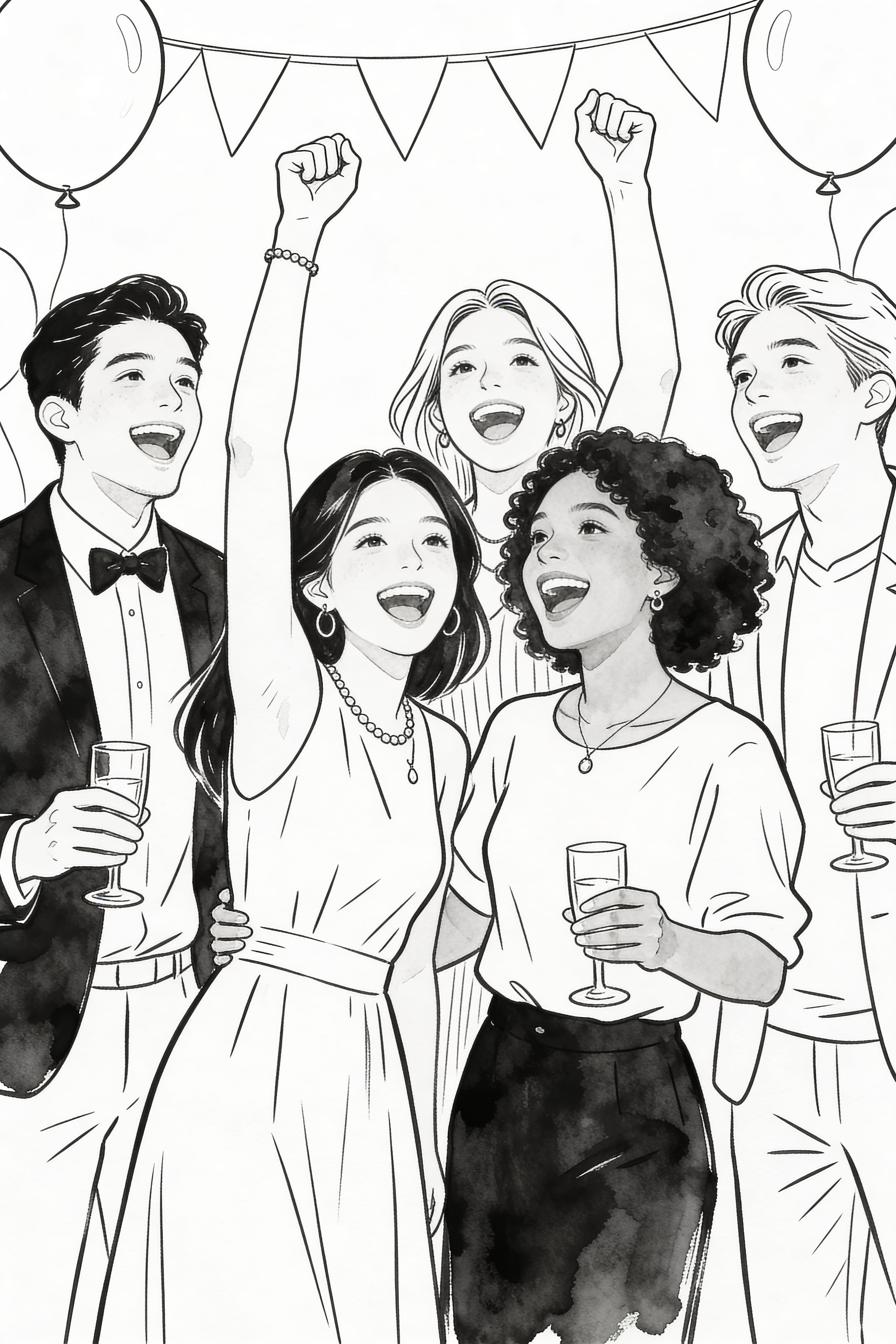 Watercolor Outline Happy People Celebrating Event