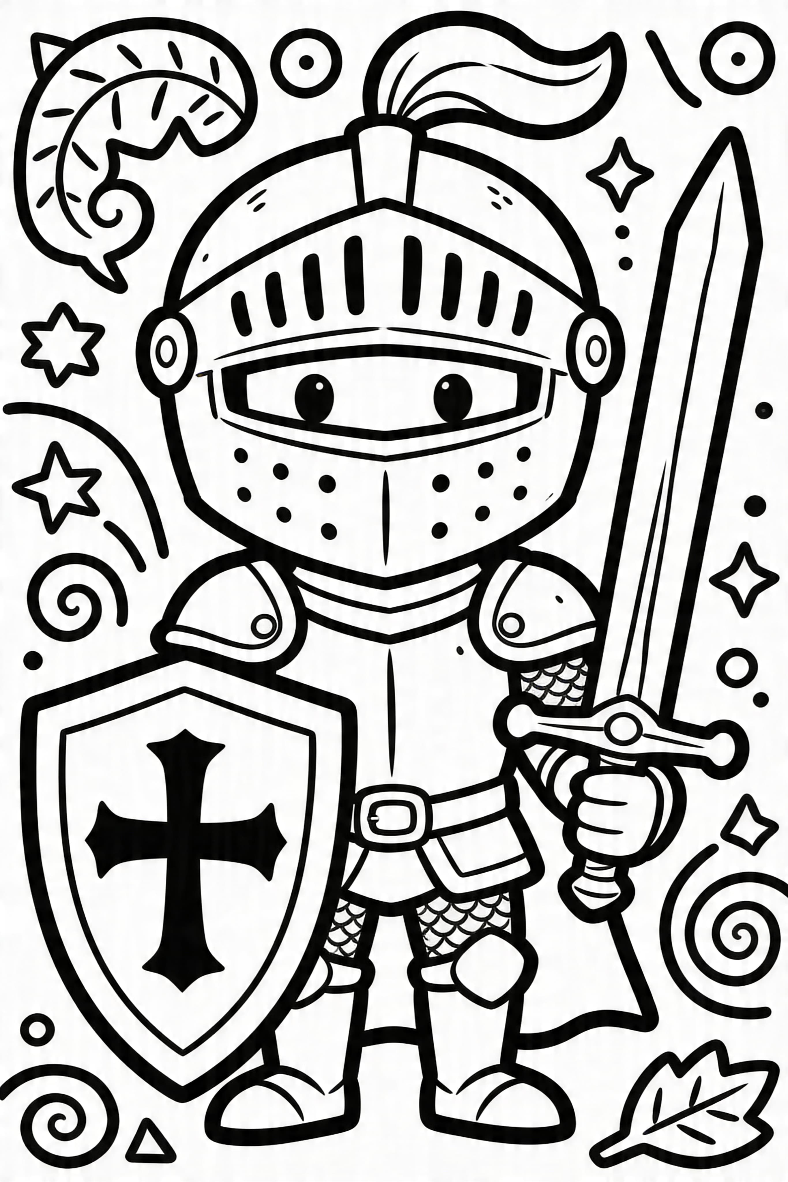 Doodle style knight in shining armor coloring page for printing