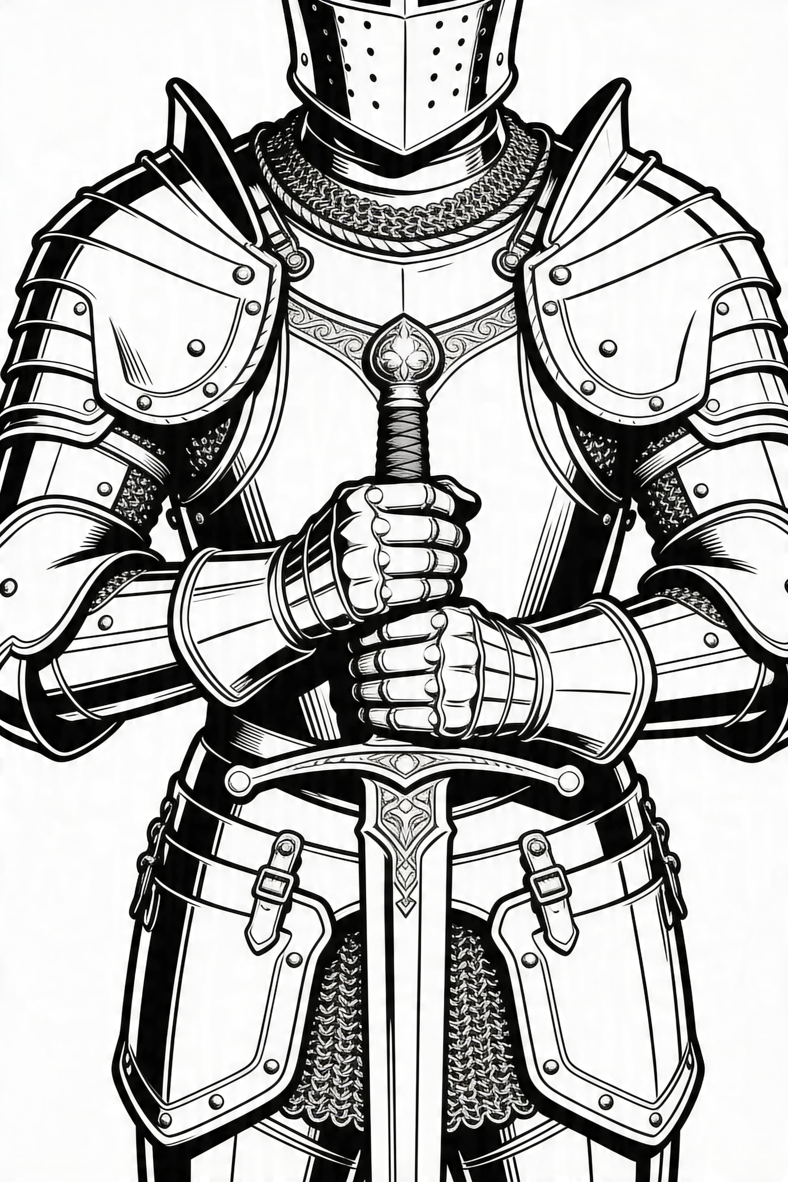 Realistic knight in shining armor coloring page for free printable use