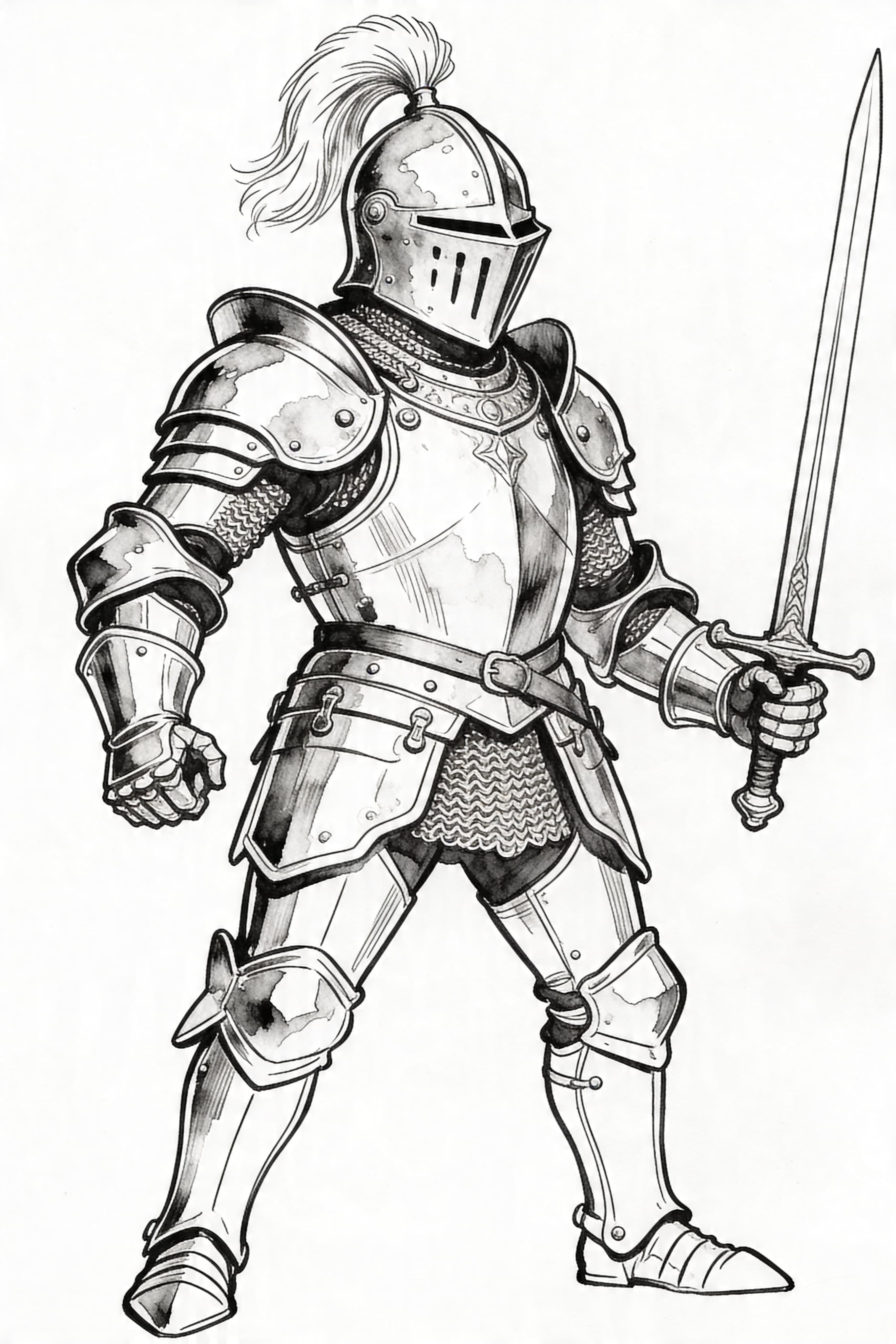 Knight in shining armor watercolor outline coloring page printable
