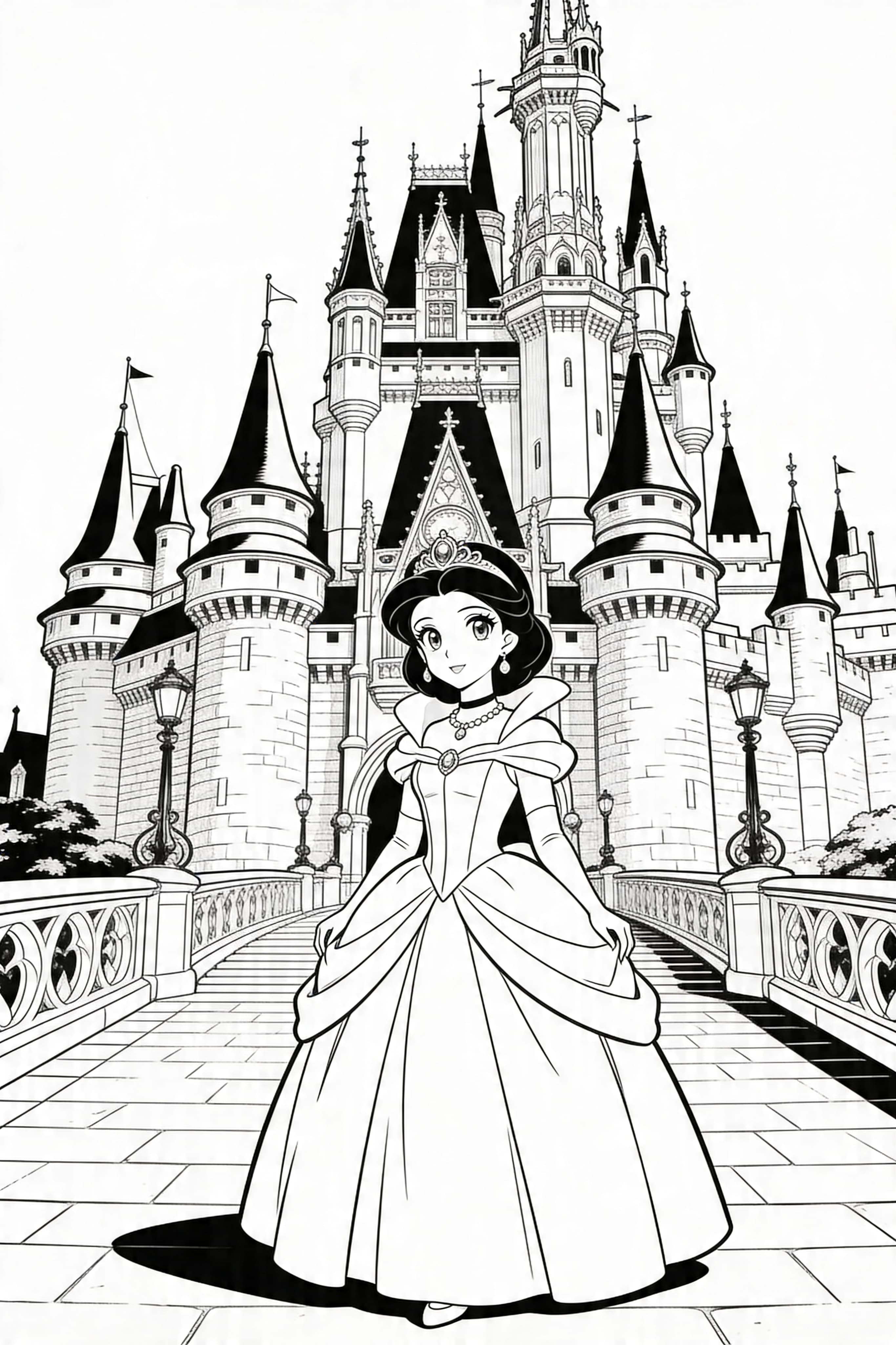 Anime princess in a castle coloring page for kids