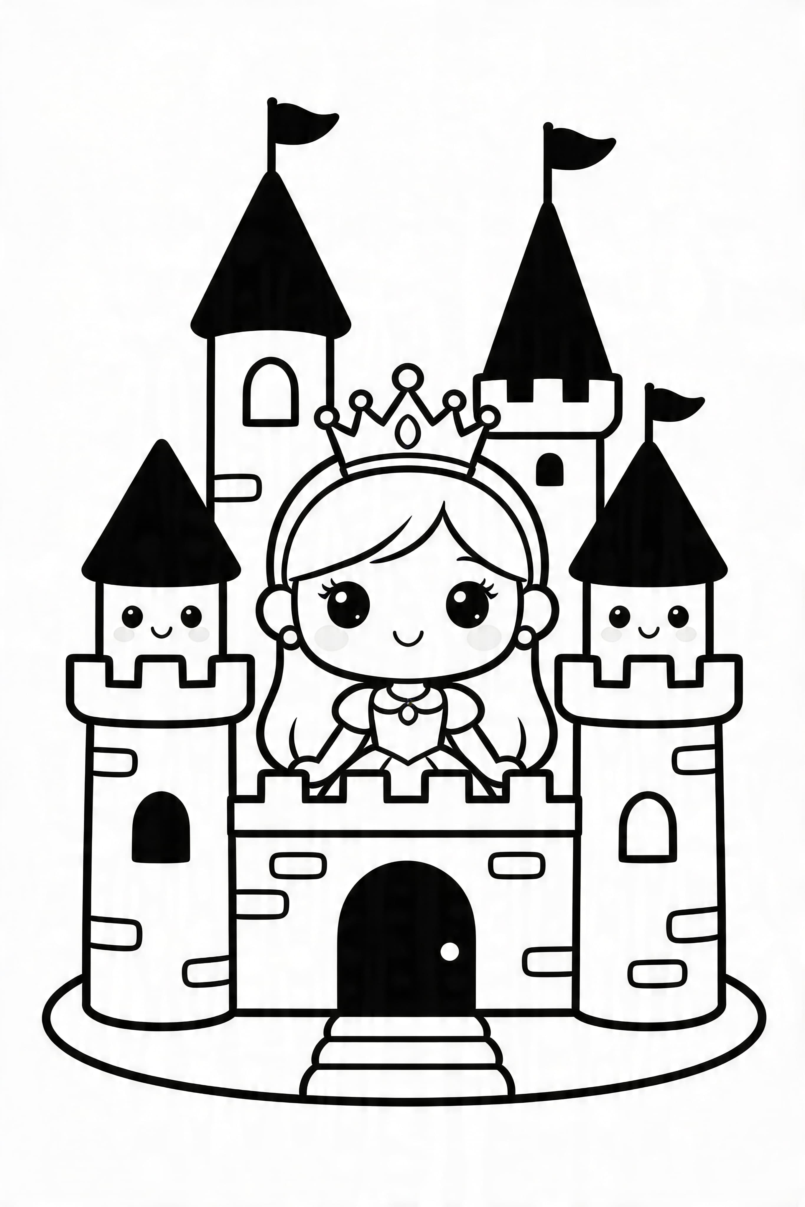 Printable coloring page of a cute cartoon princess standing in a castle