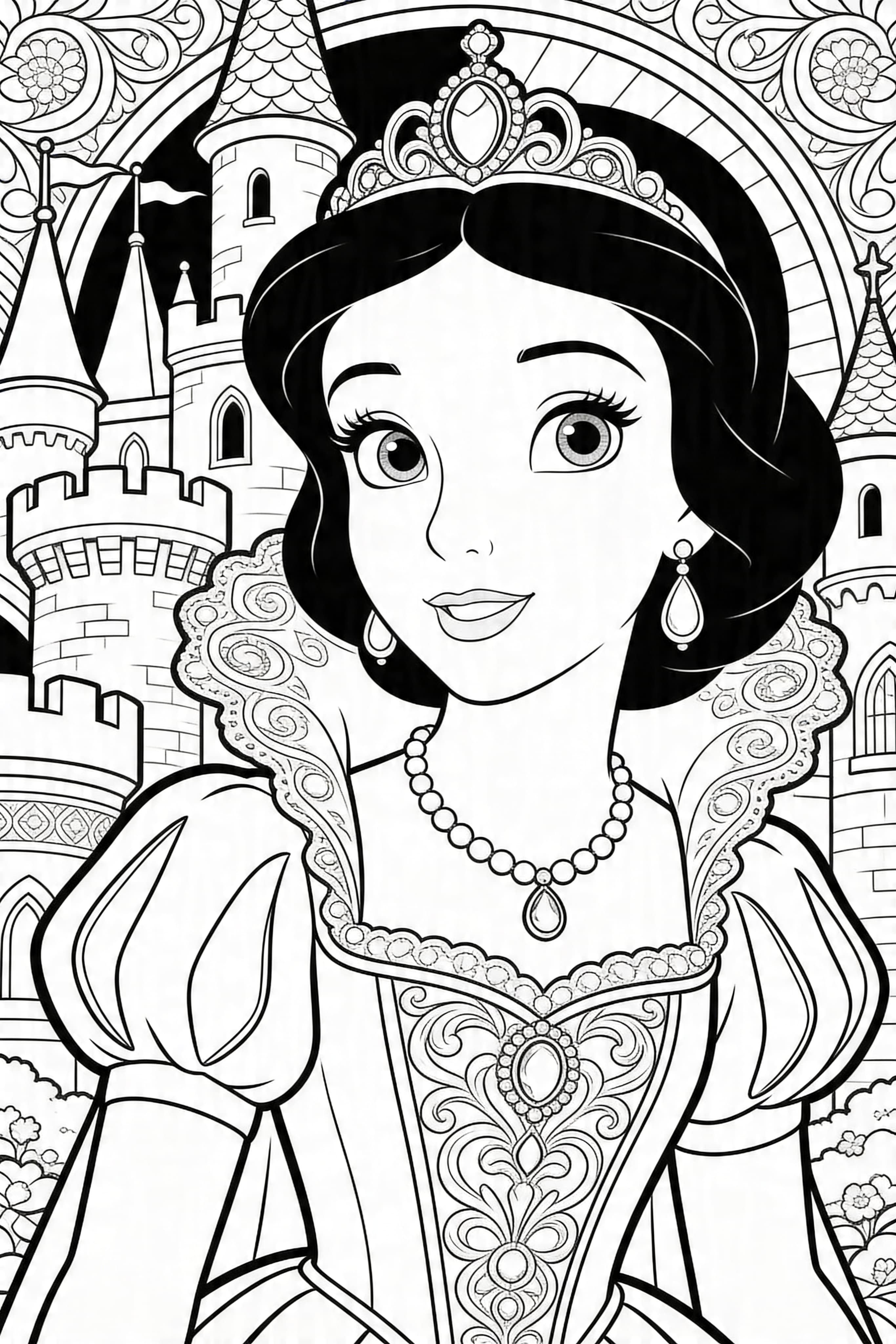 Detailed adult coloring page of a princess in a castle setting
