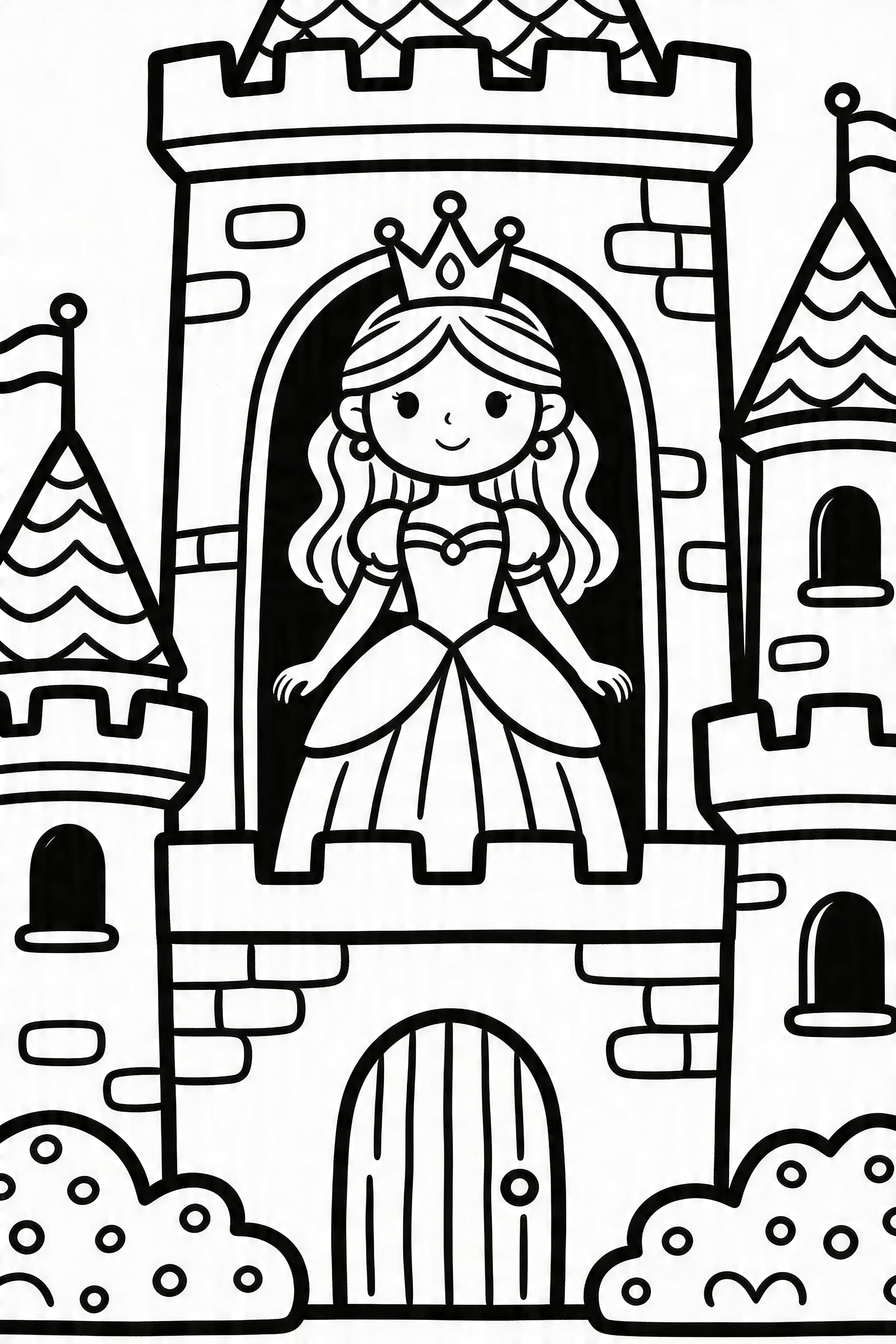 Doodle style princess in a castle coloring page for kids