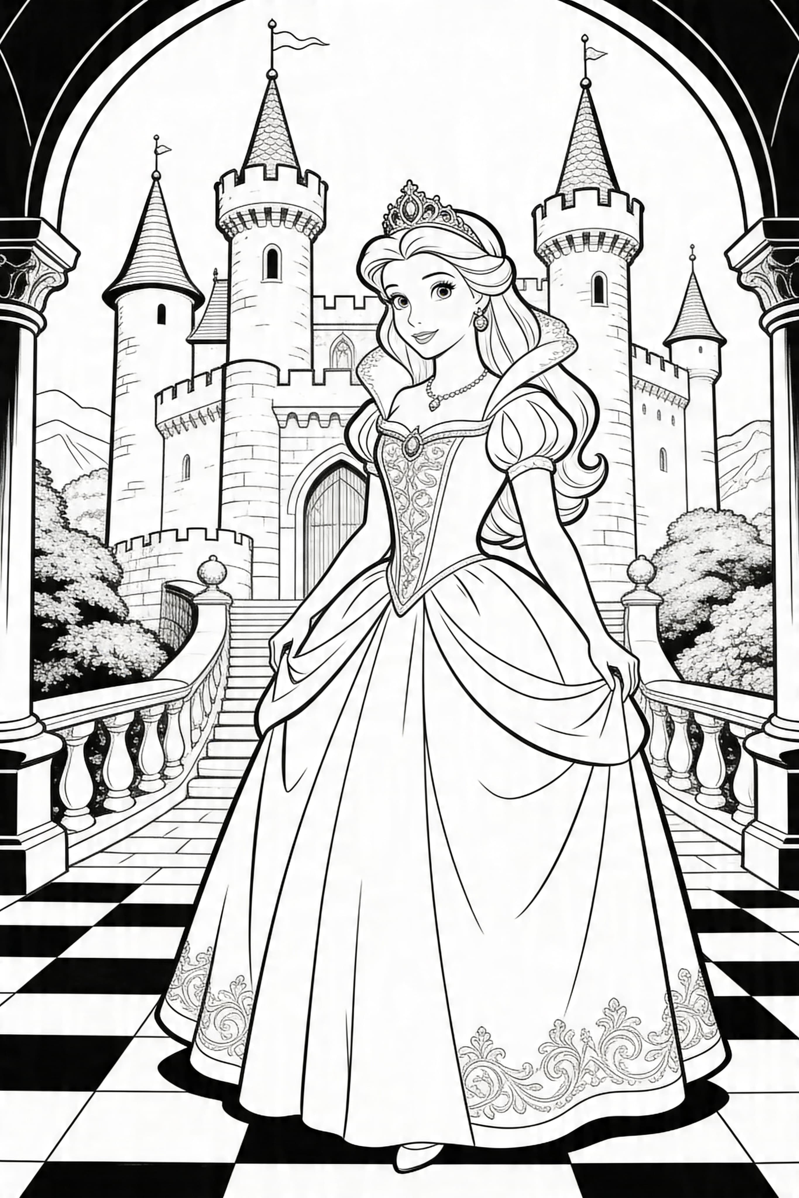 Realistic style princess in a castle coloring page with intricate details