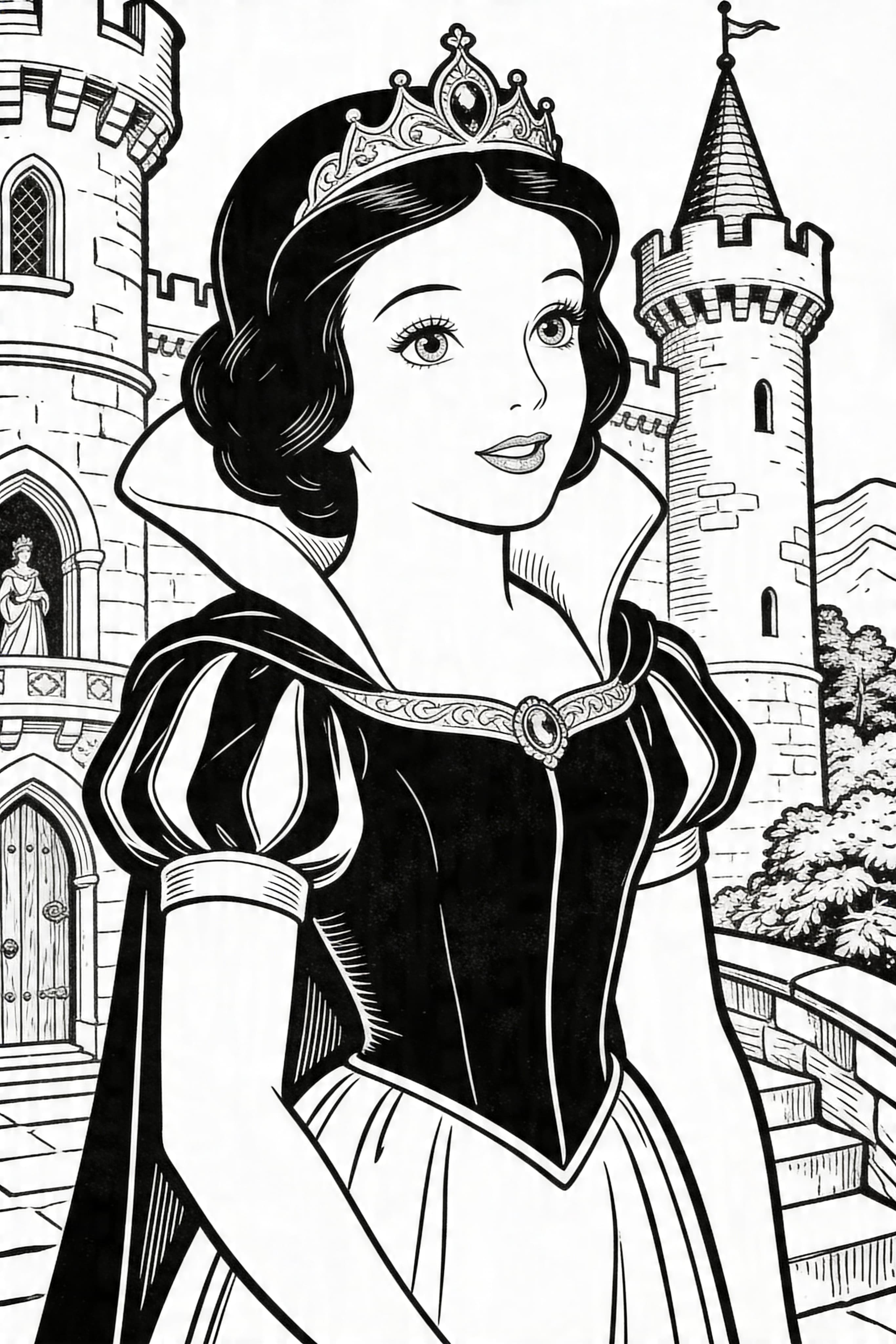 A vintage style coloring page of a princess in a castle setting