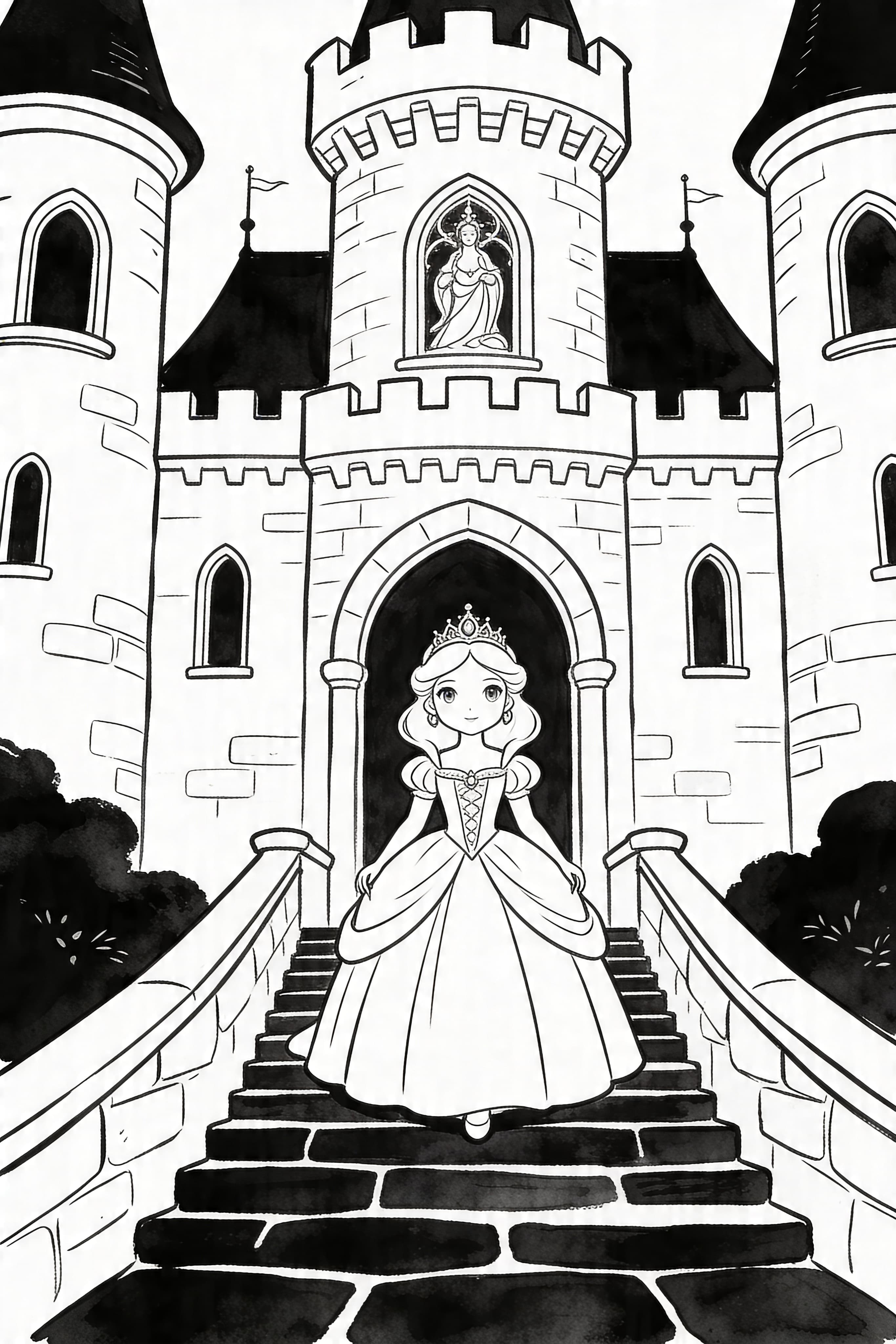 Watercolor outline style princess in a castle coloring page