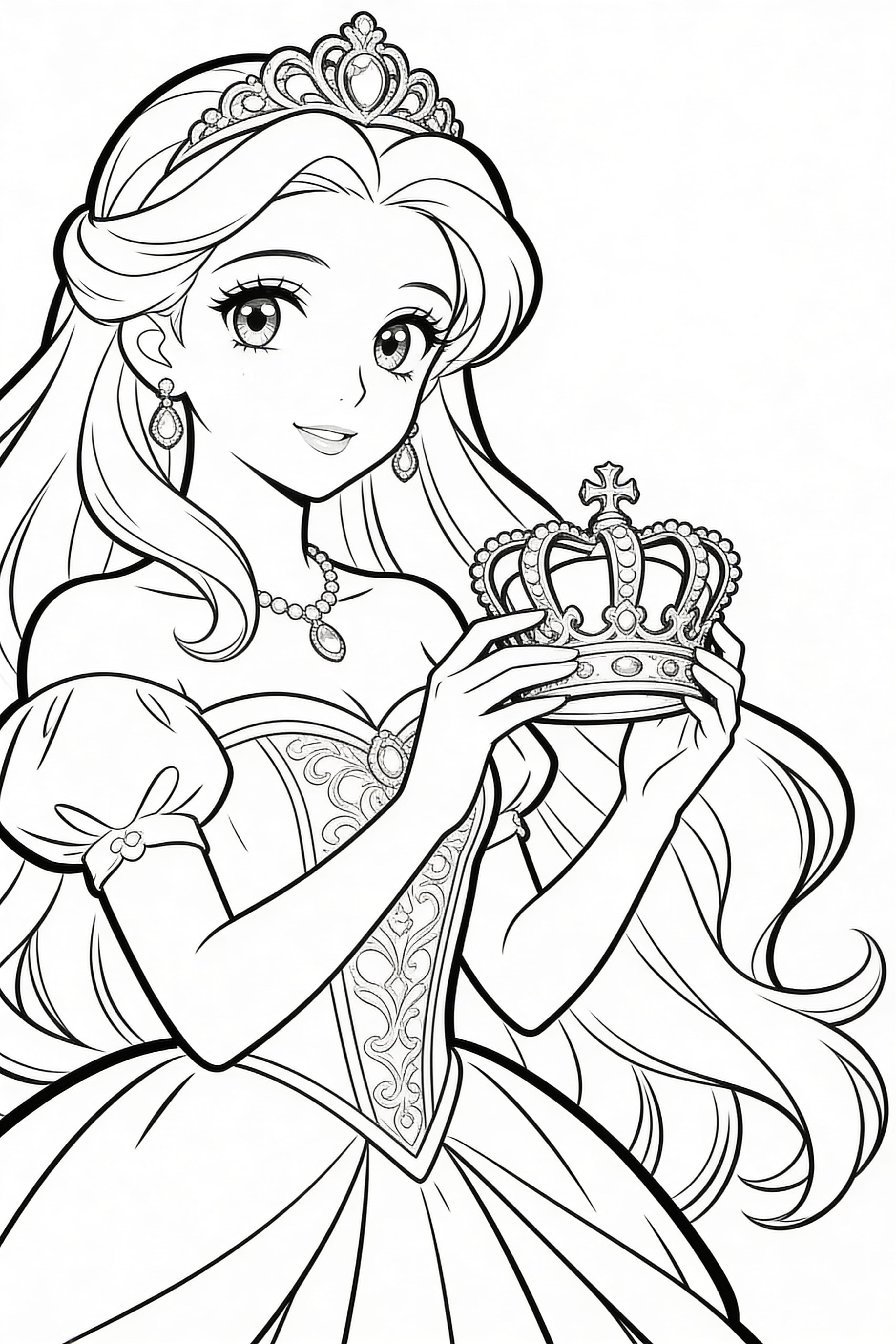 Anime style princess coloring page with princess activities