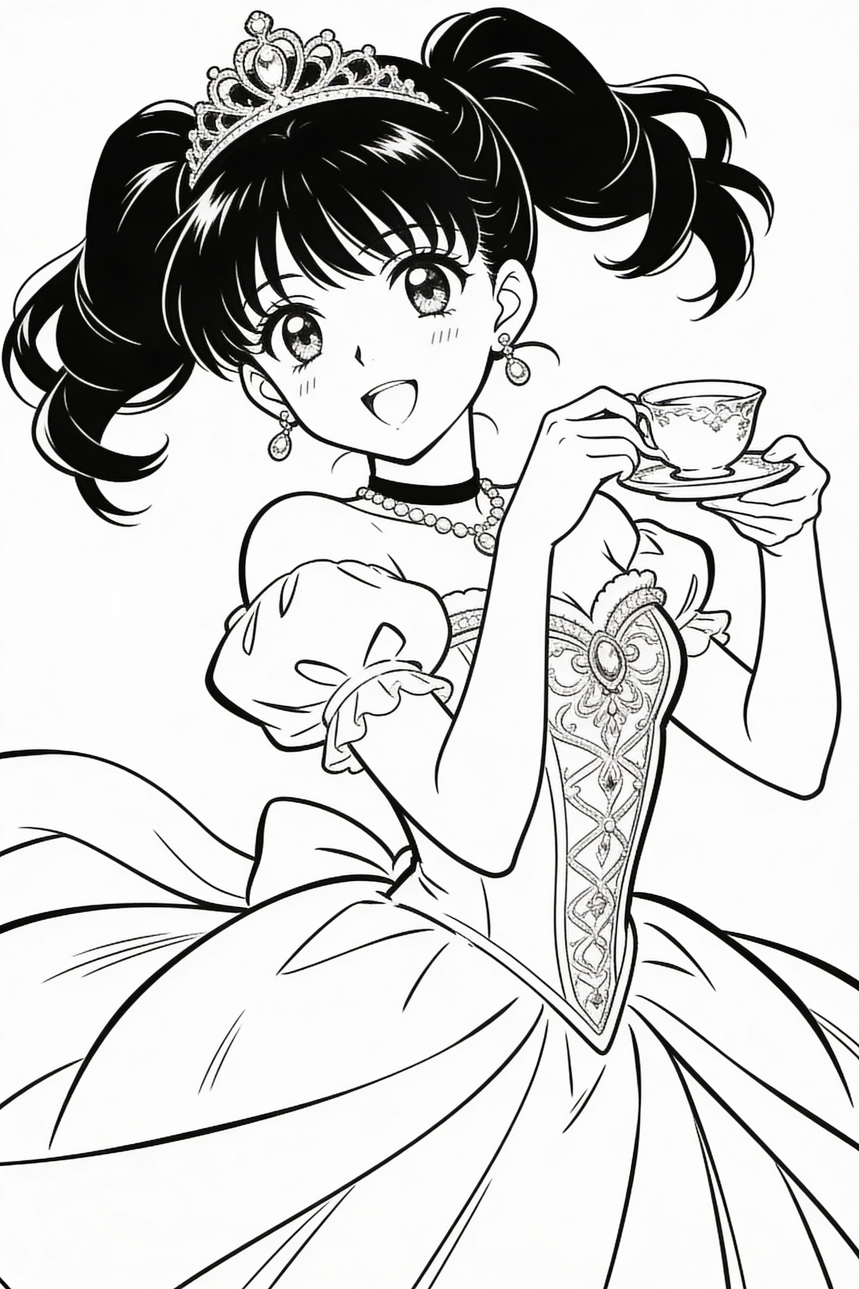 Anime style princess engaged in royal activities coloring page