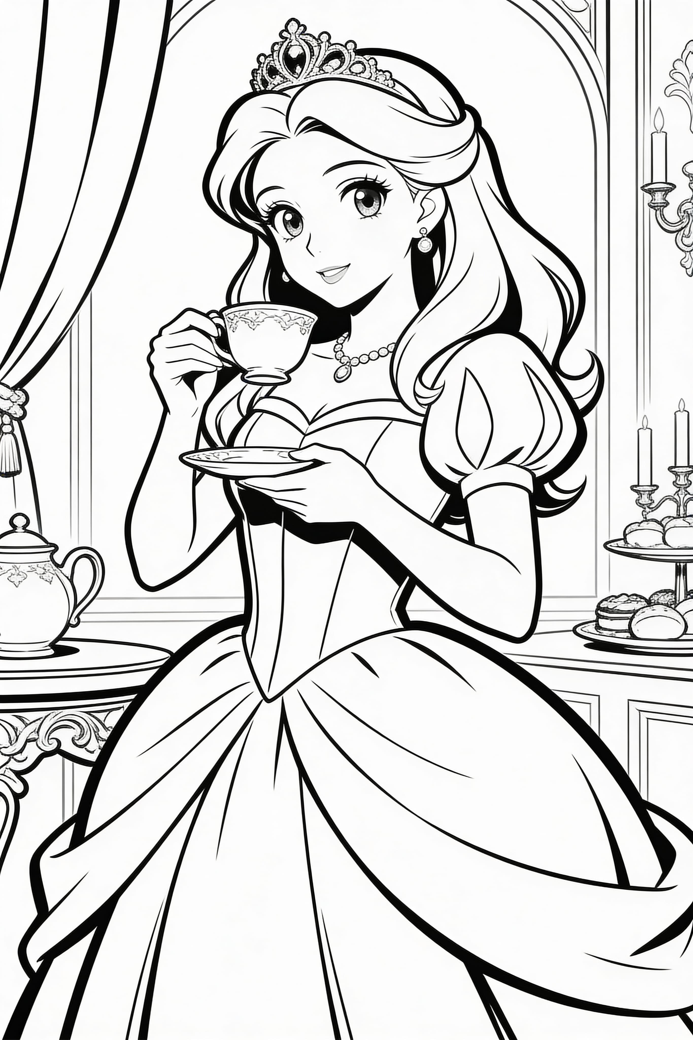 Anime style princess coloring page showing princess activities