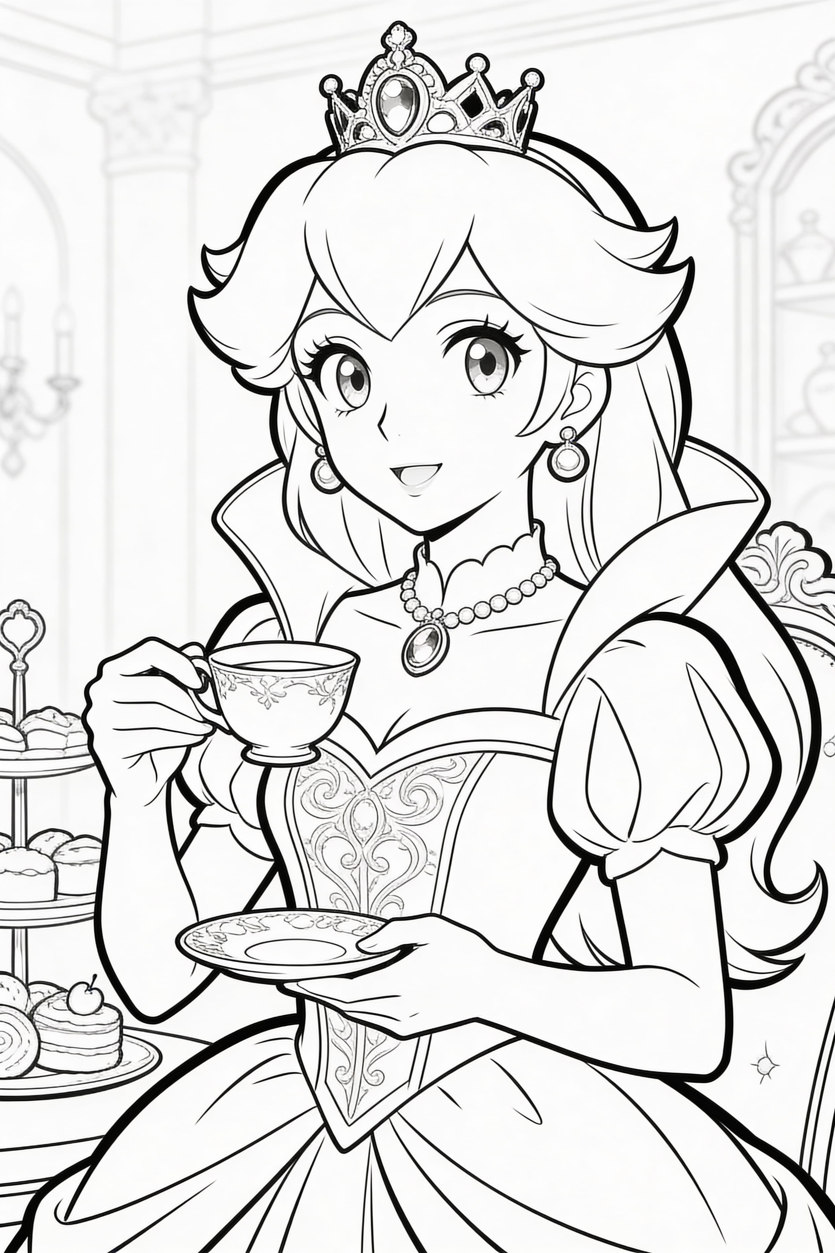 Anime style princess coloring page with princess activities