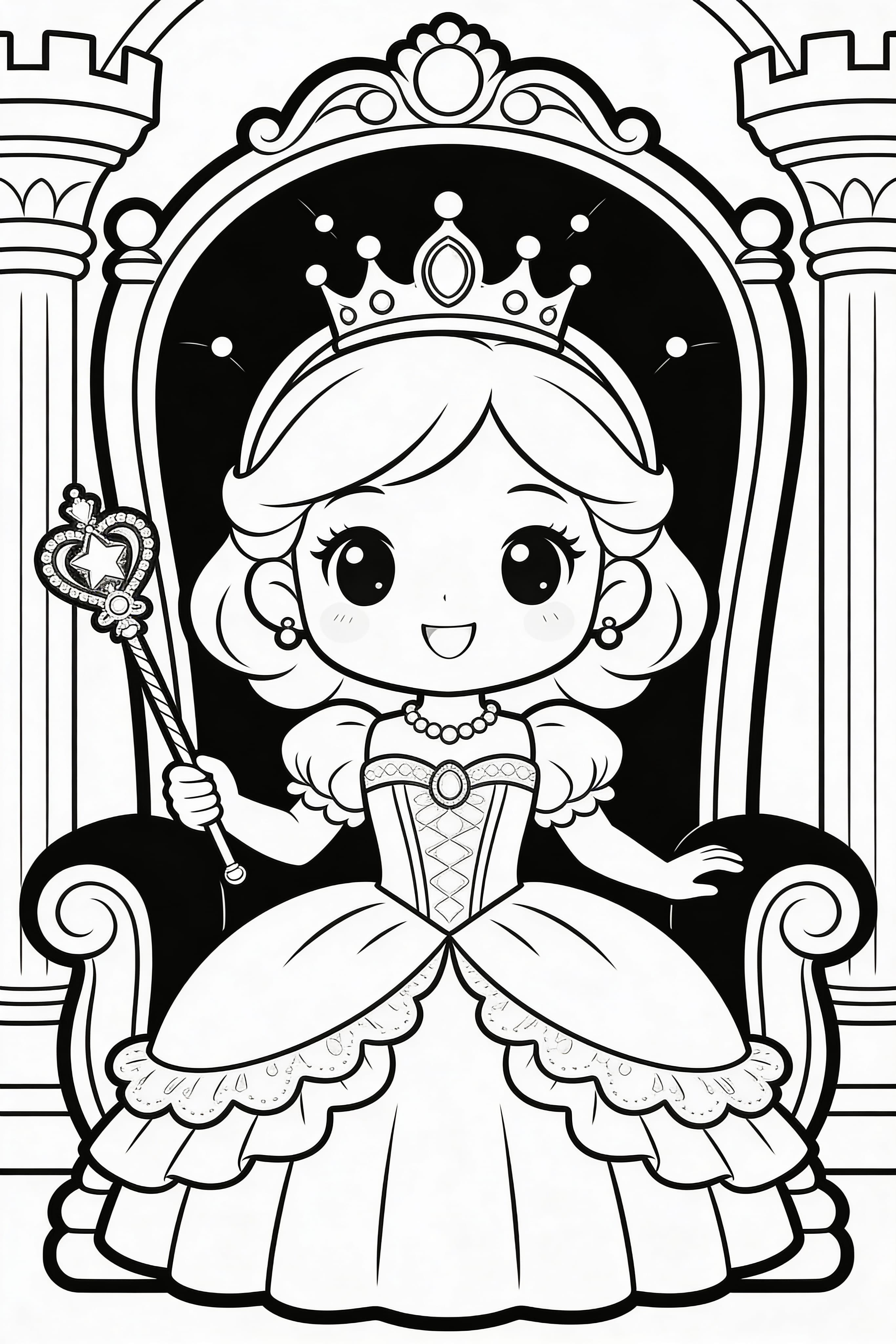 Cute cartoon princess engaging in royal activities coloring page
