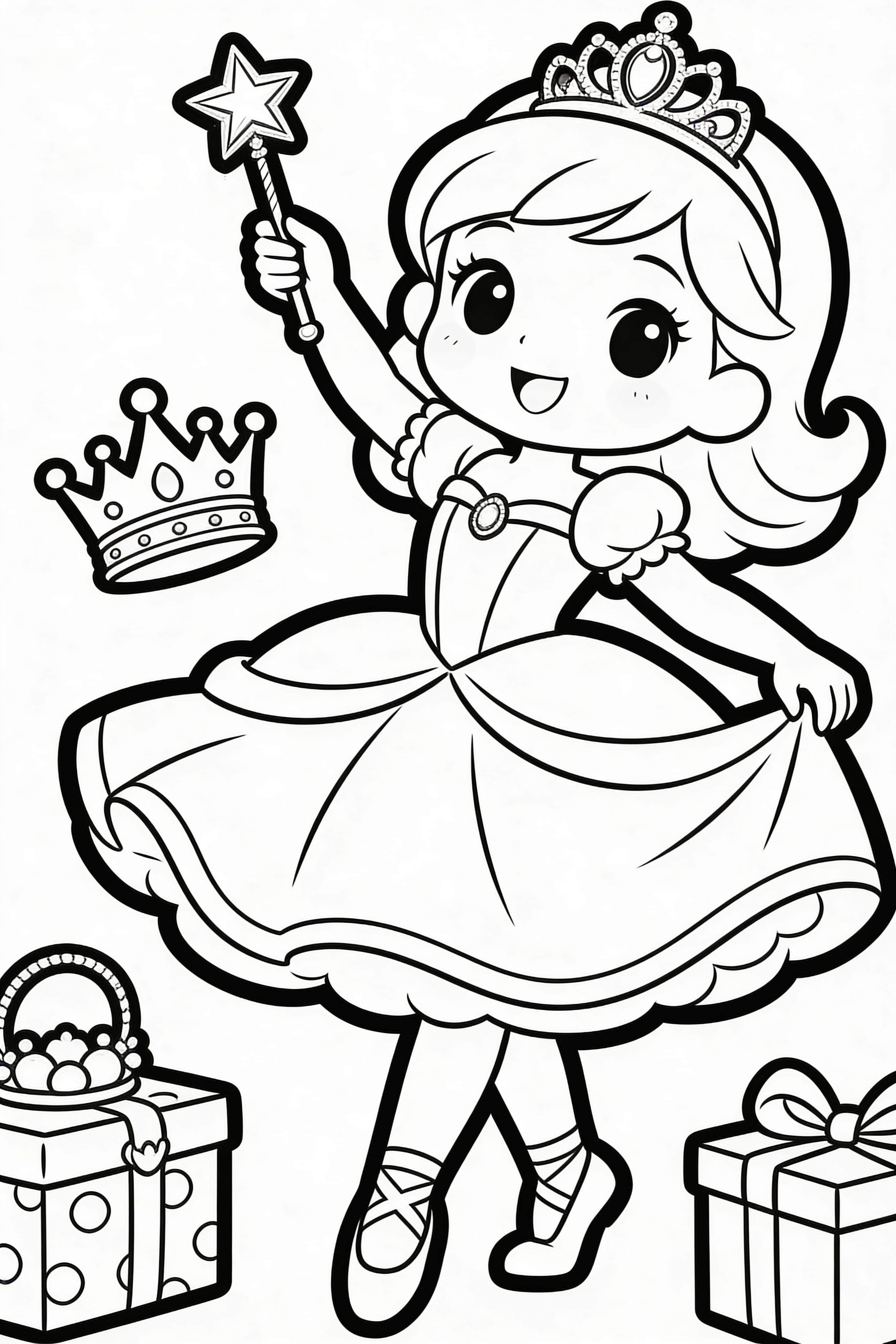 Cute cartoon princess doing princess things, coloring page