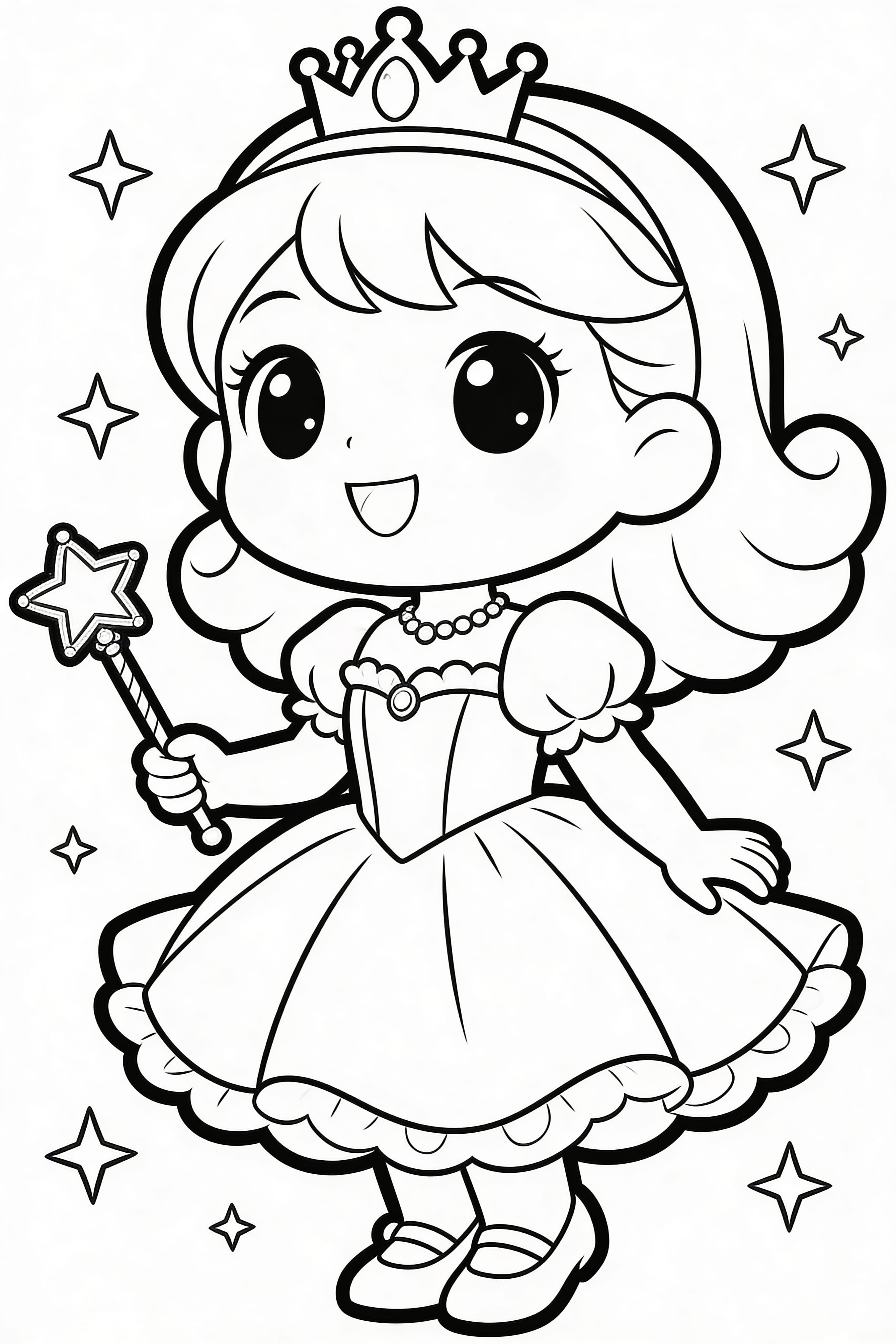 Cute cartoon princess engaged in fun, royal activities coloring page