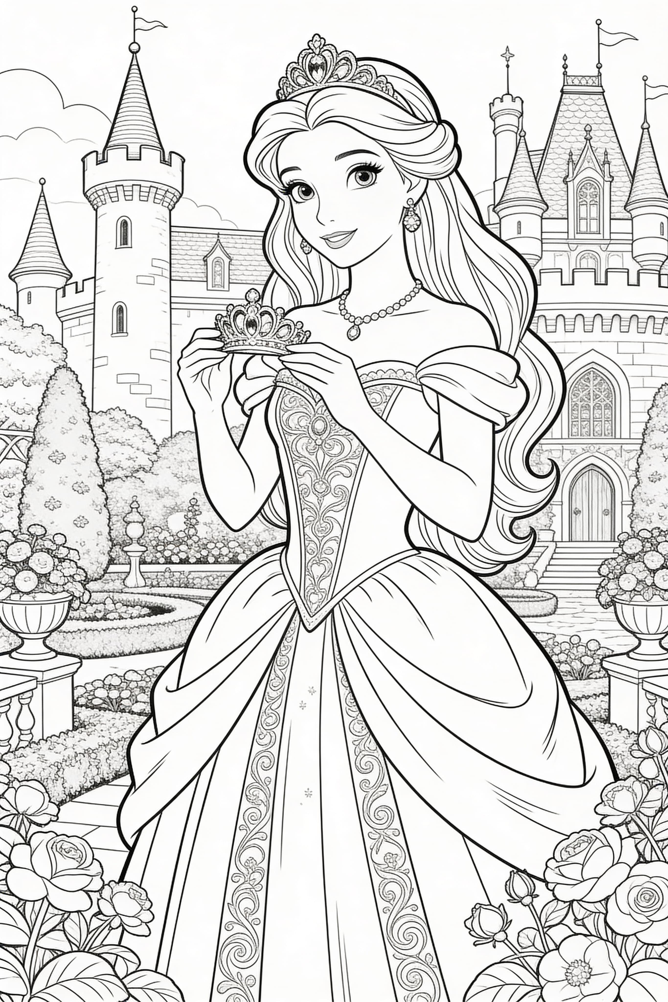 Detailed adult coloring page of a princess in elegant attire