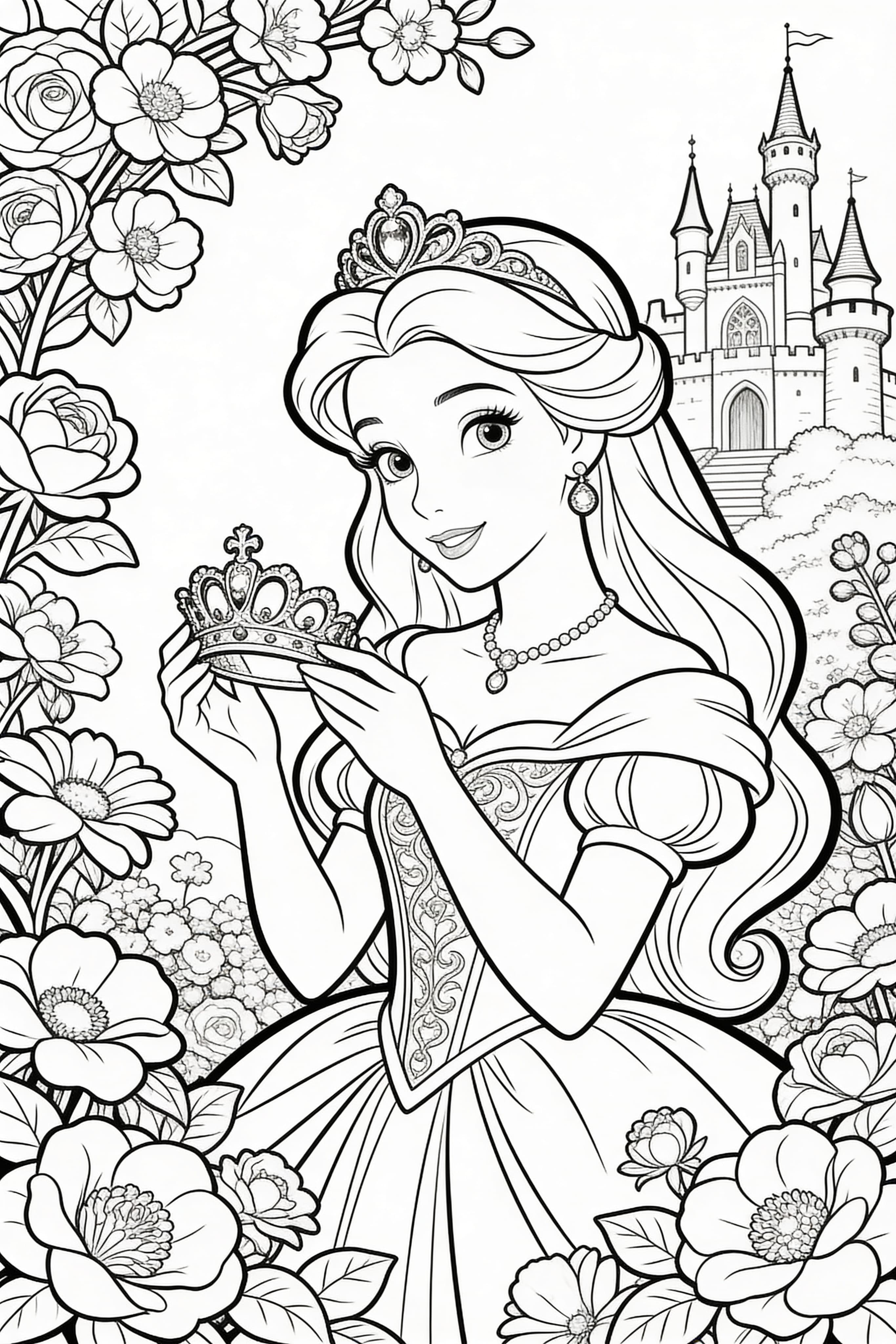 Intricate adult coloring page featuring a detailed princess scene