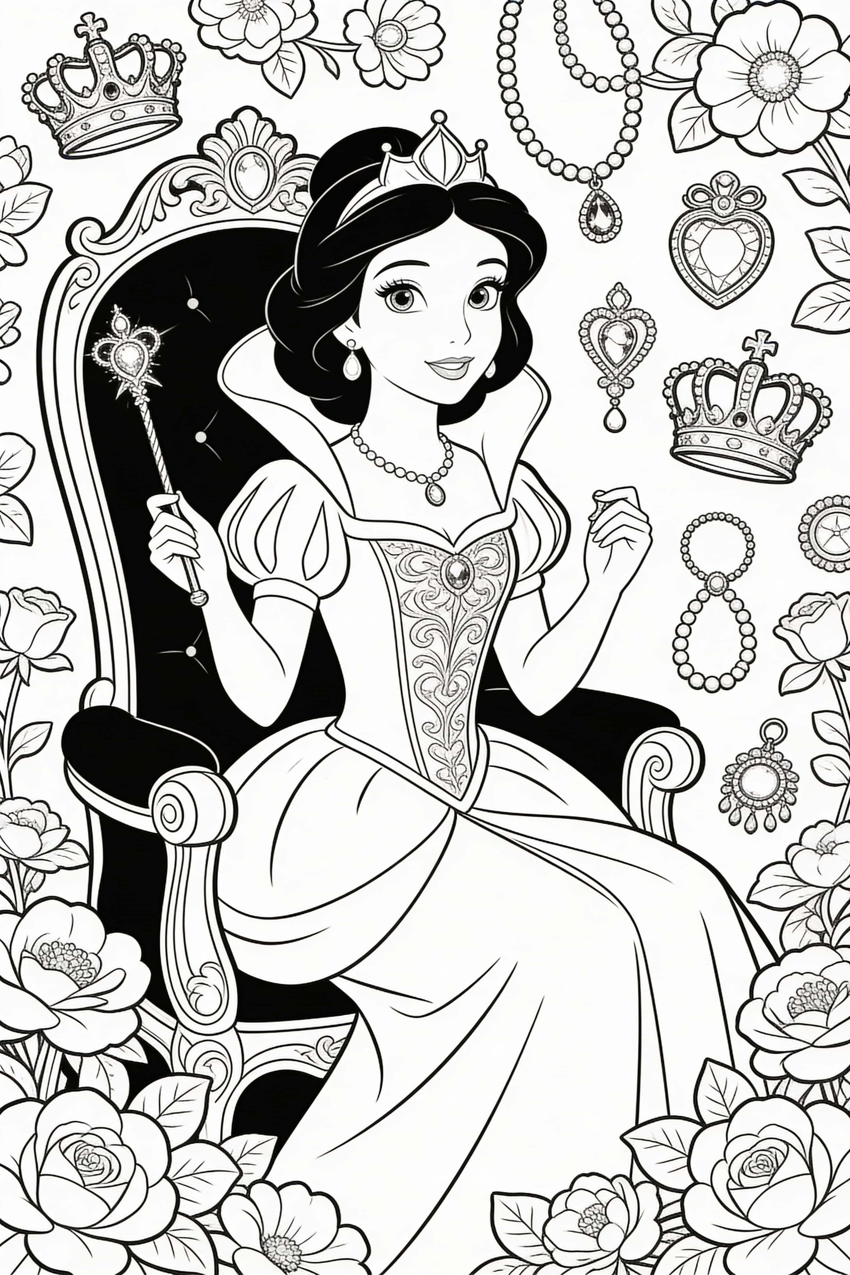 Detailed princess coloring page for adults, free printable