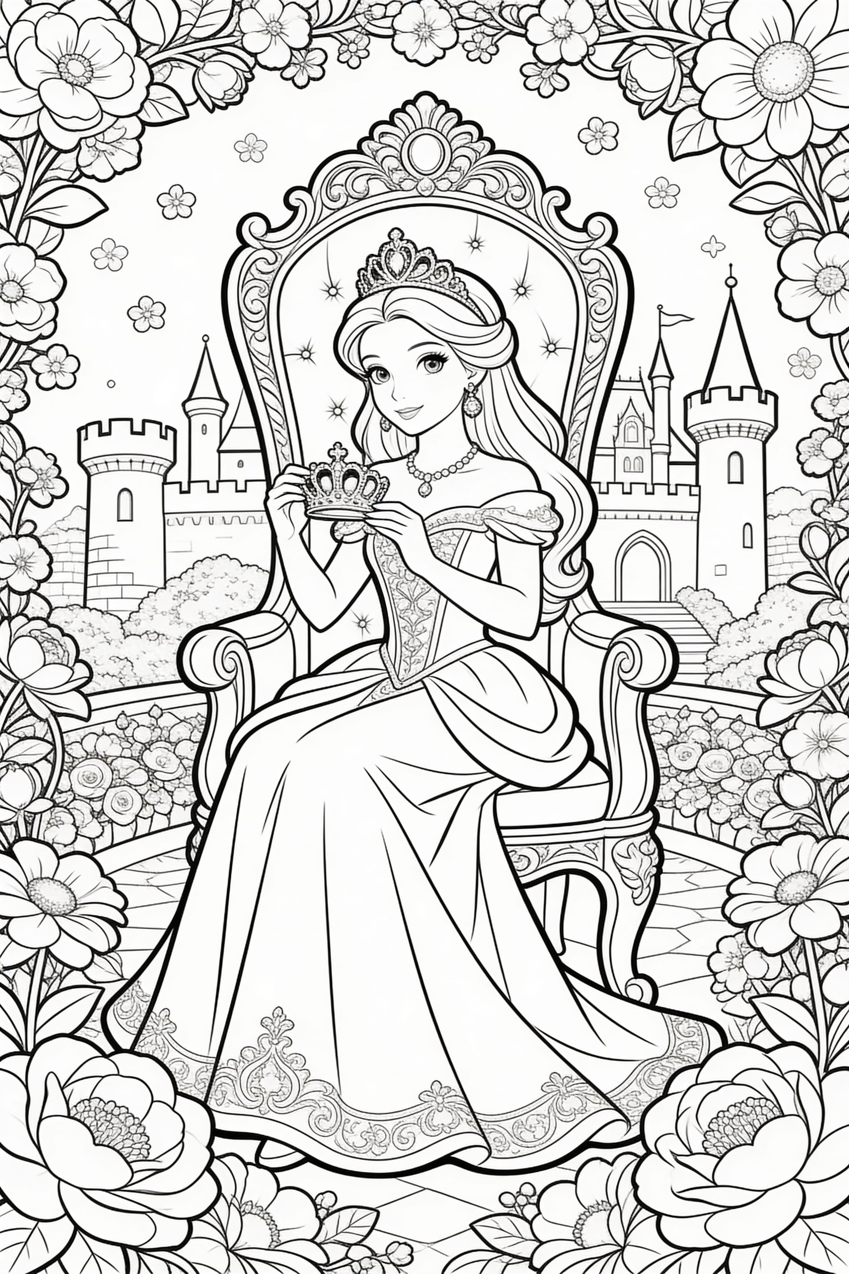 Intricate coloring page of a princess engaging in royal activities