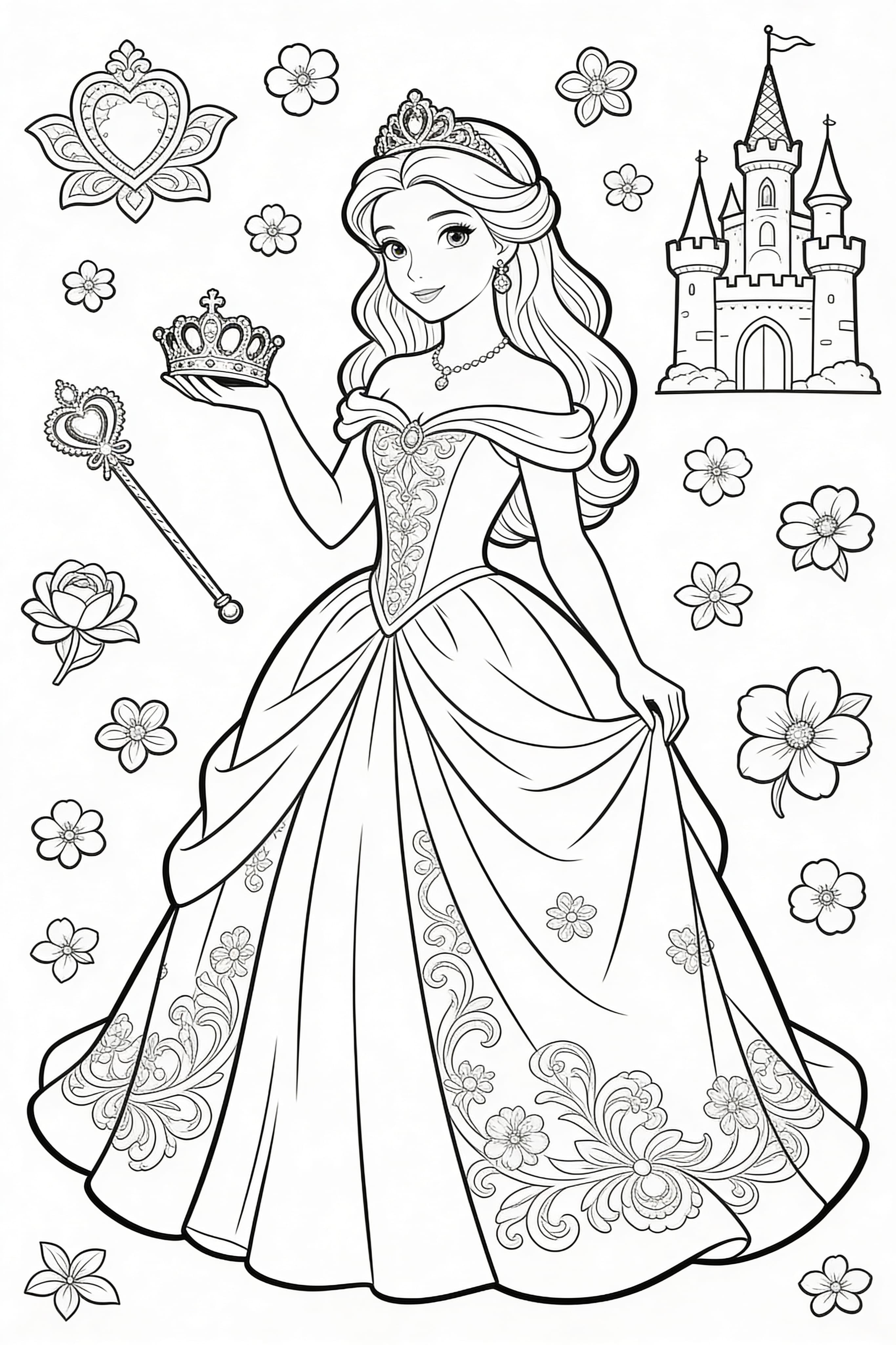 Detailed adult coloring page of a princess engaged in royal activities