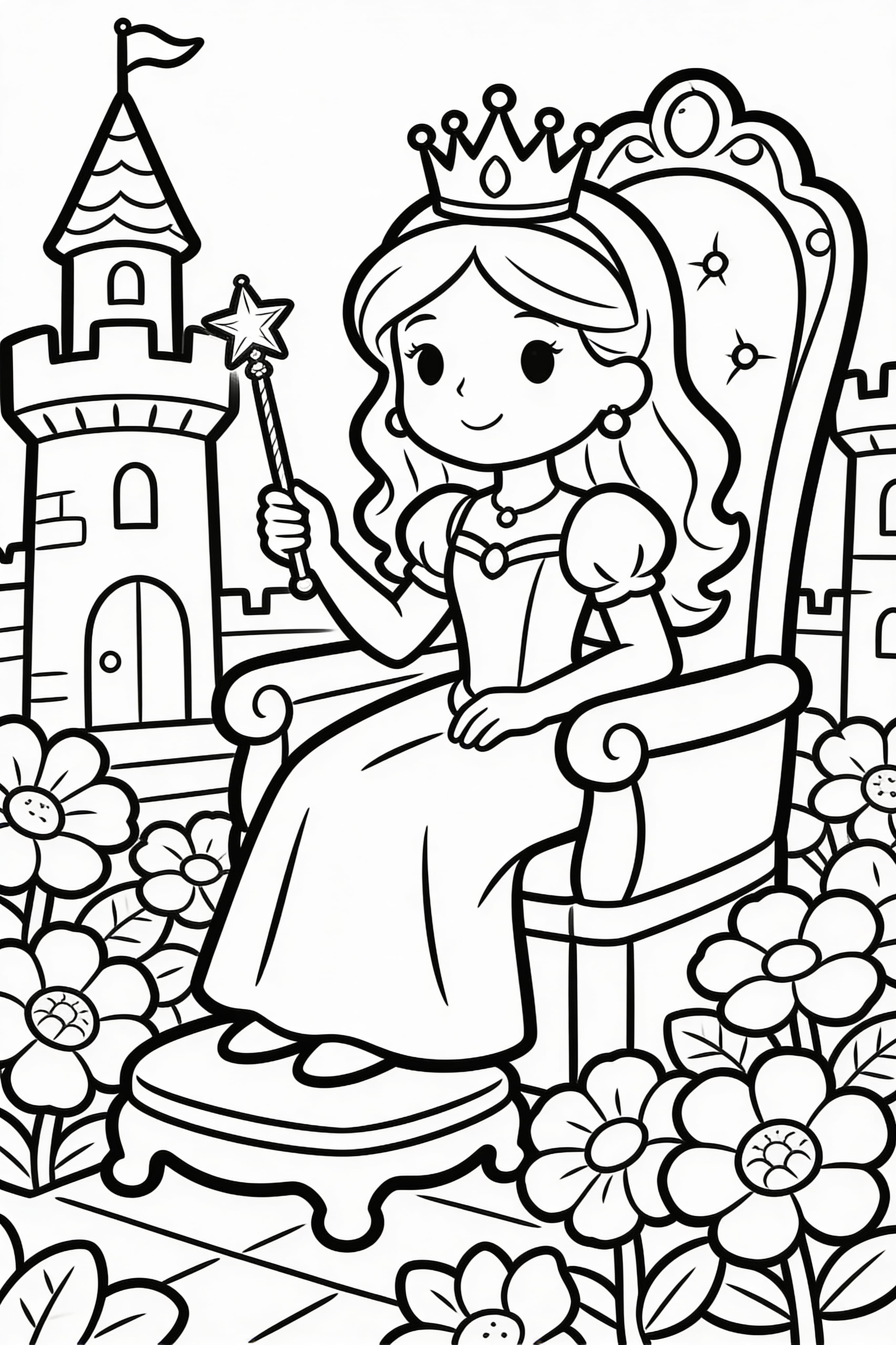 Doodle style princess doing princess activities coloring page