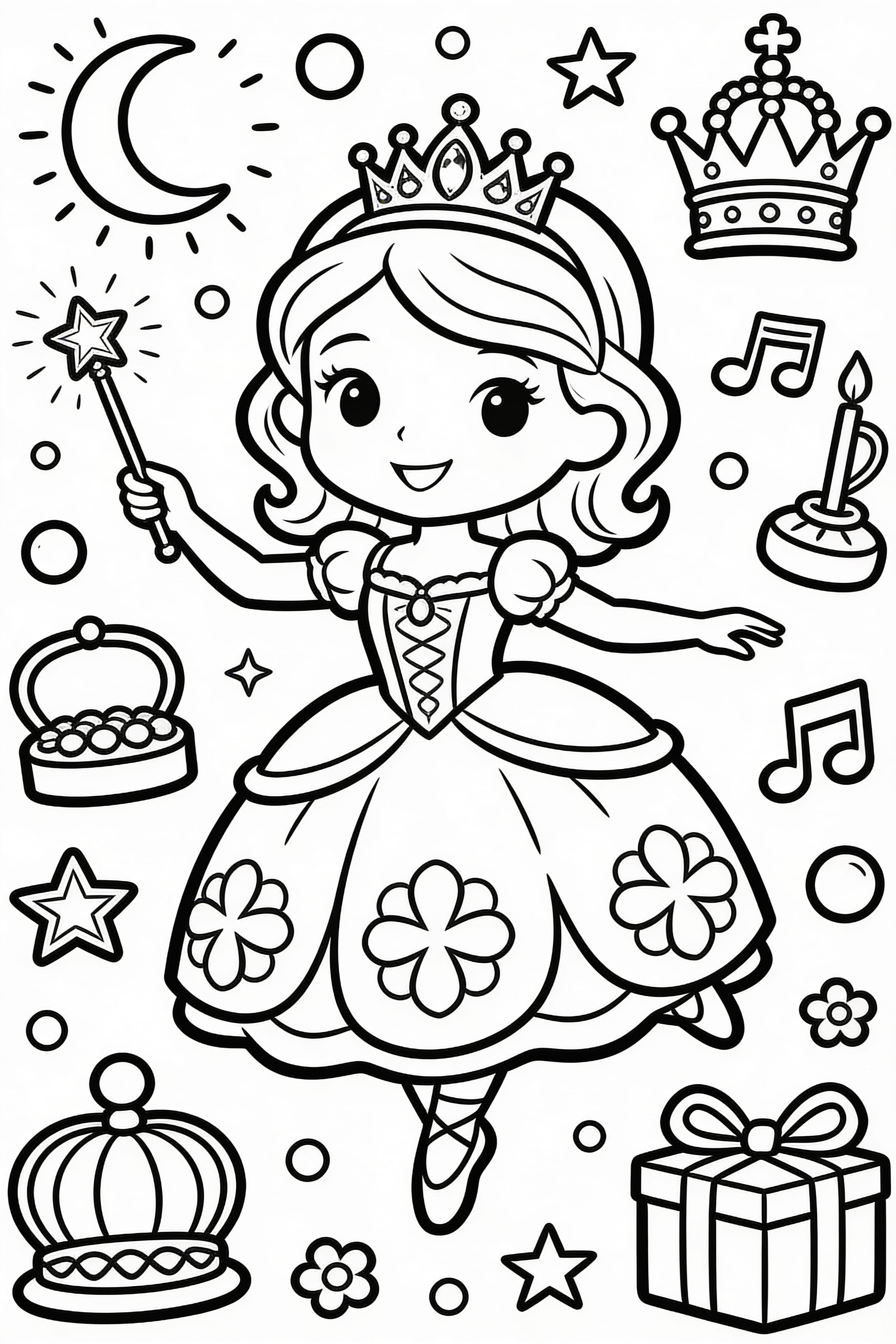 A doodle style princess engaged in royal activities coloring page