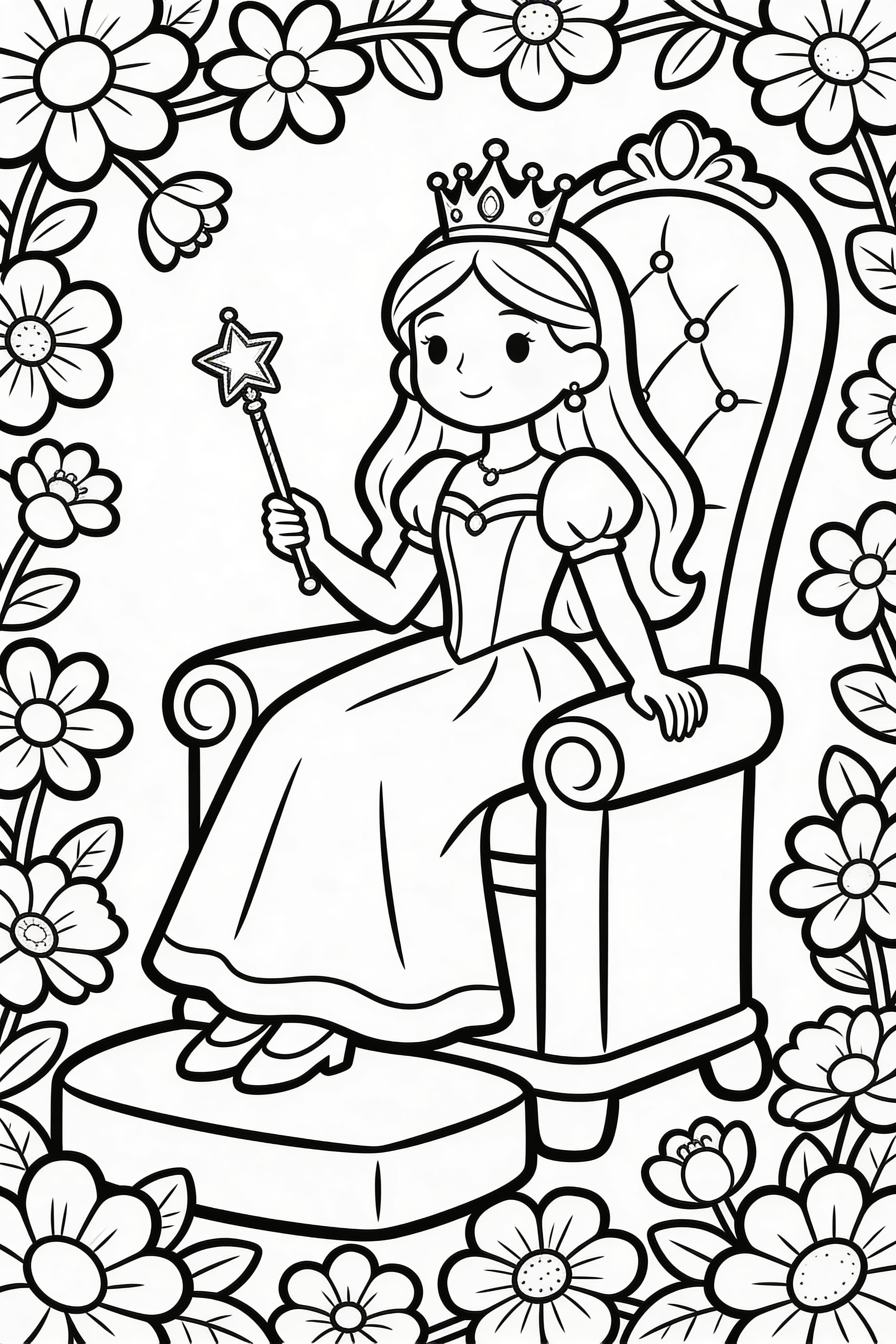 Doodle style princess engaged in royal activities coloring page
