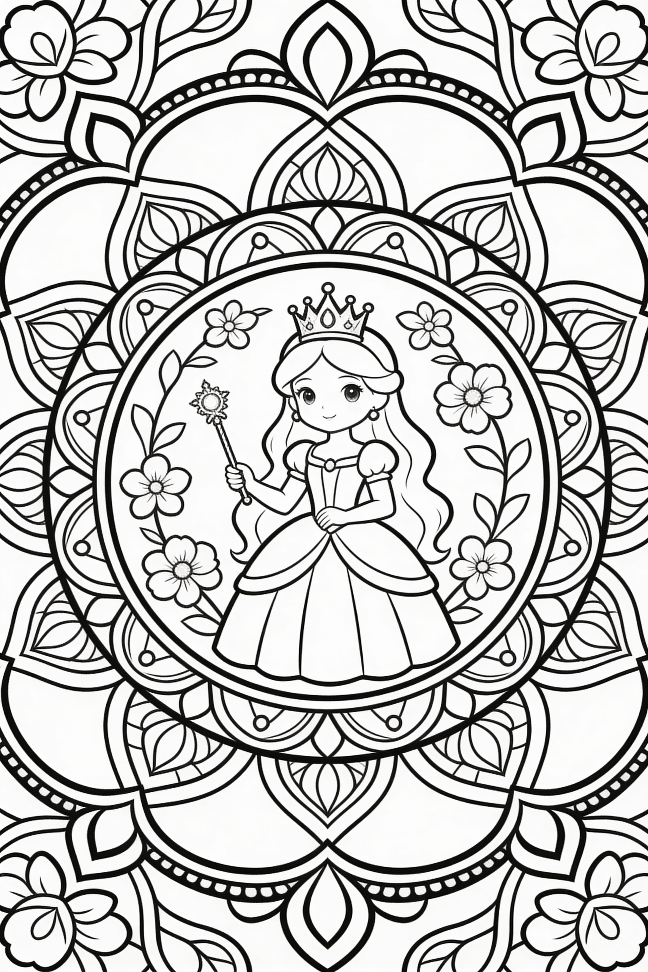 Mandala style princess coloring page with intricate patterns