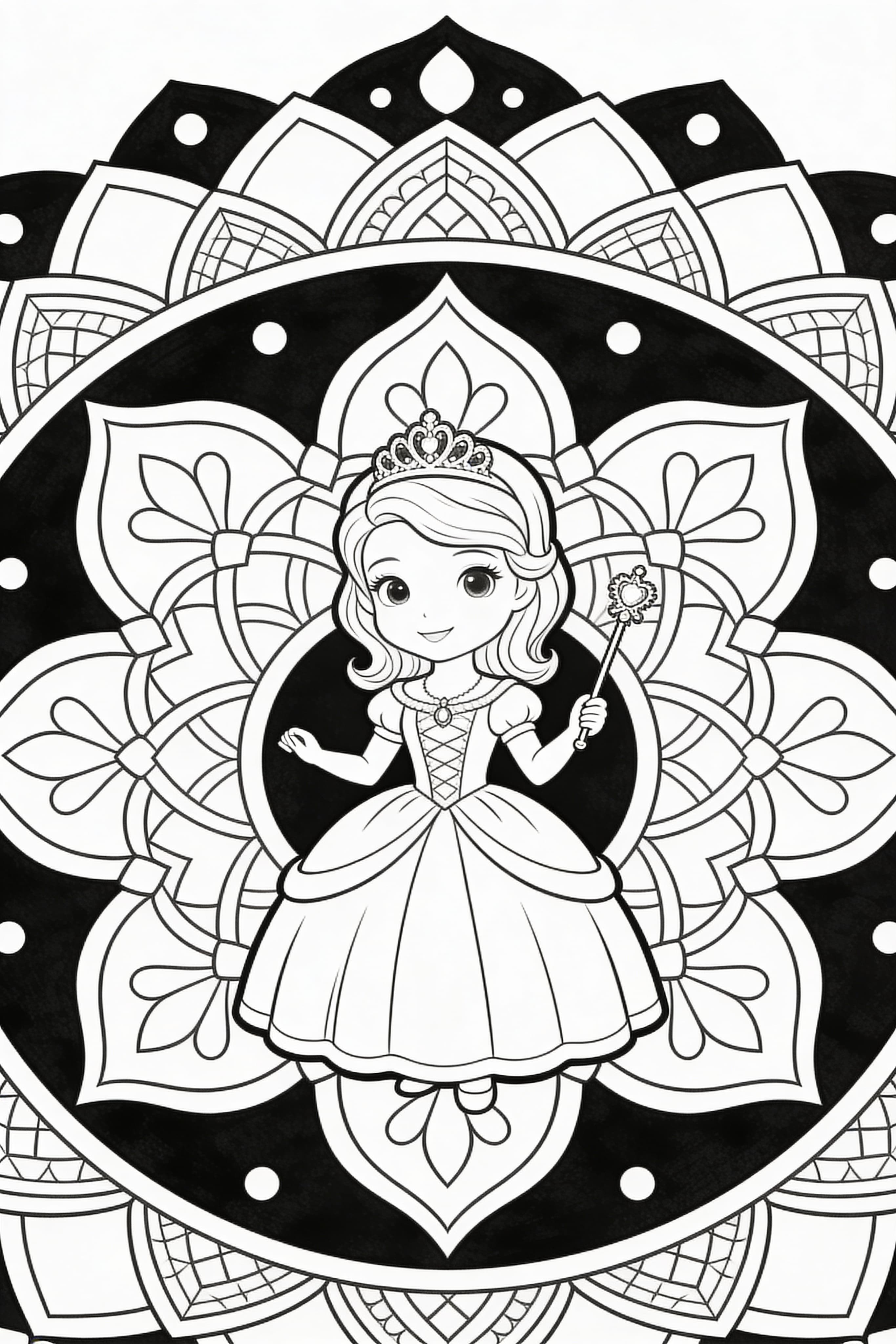 Mandala style princess doing princess activities coloring page