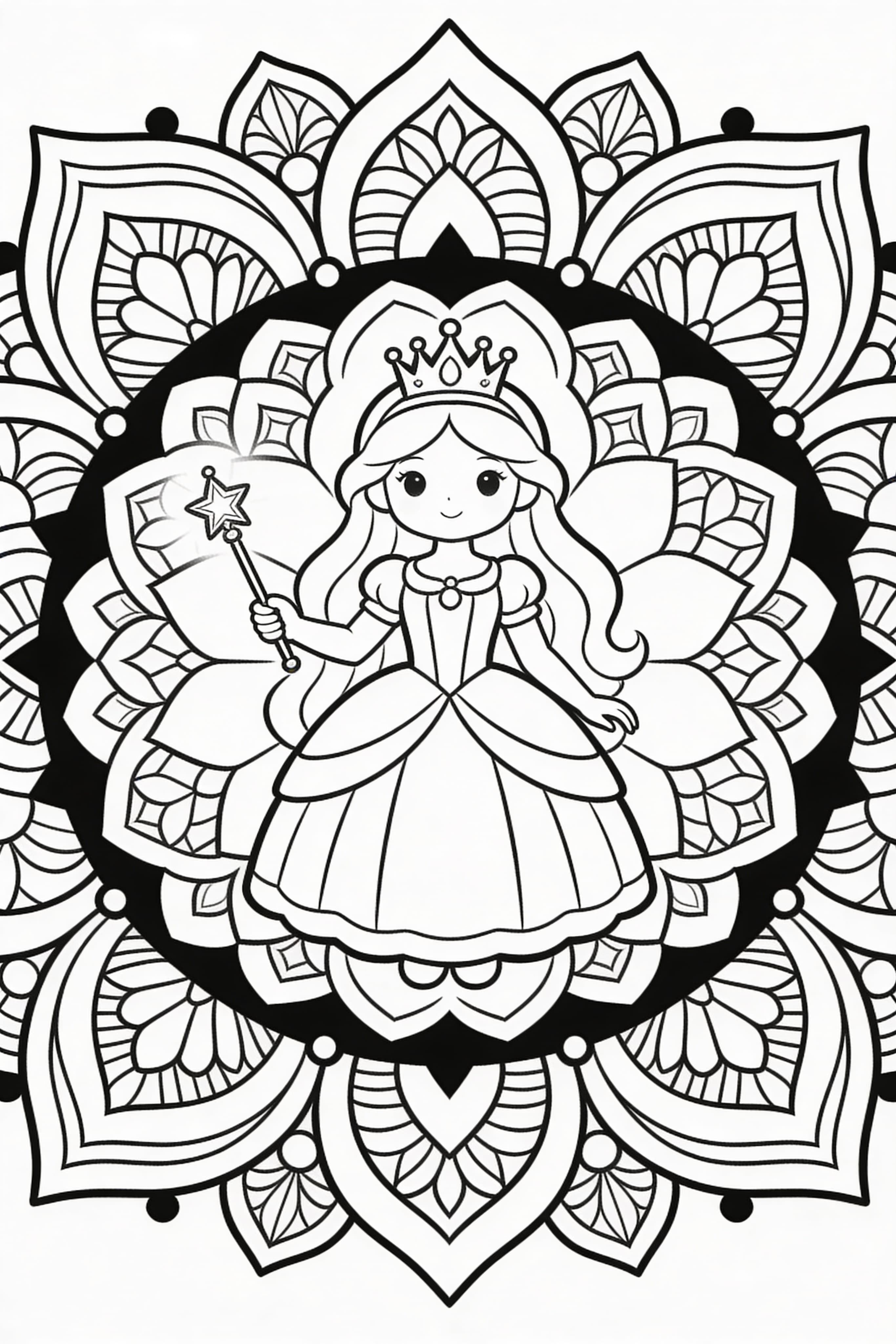 Mandala style princess doing various princess activities coloring page