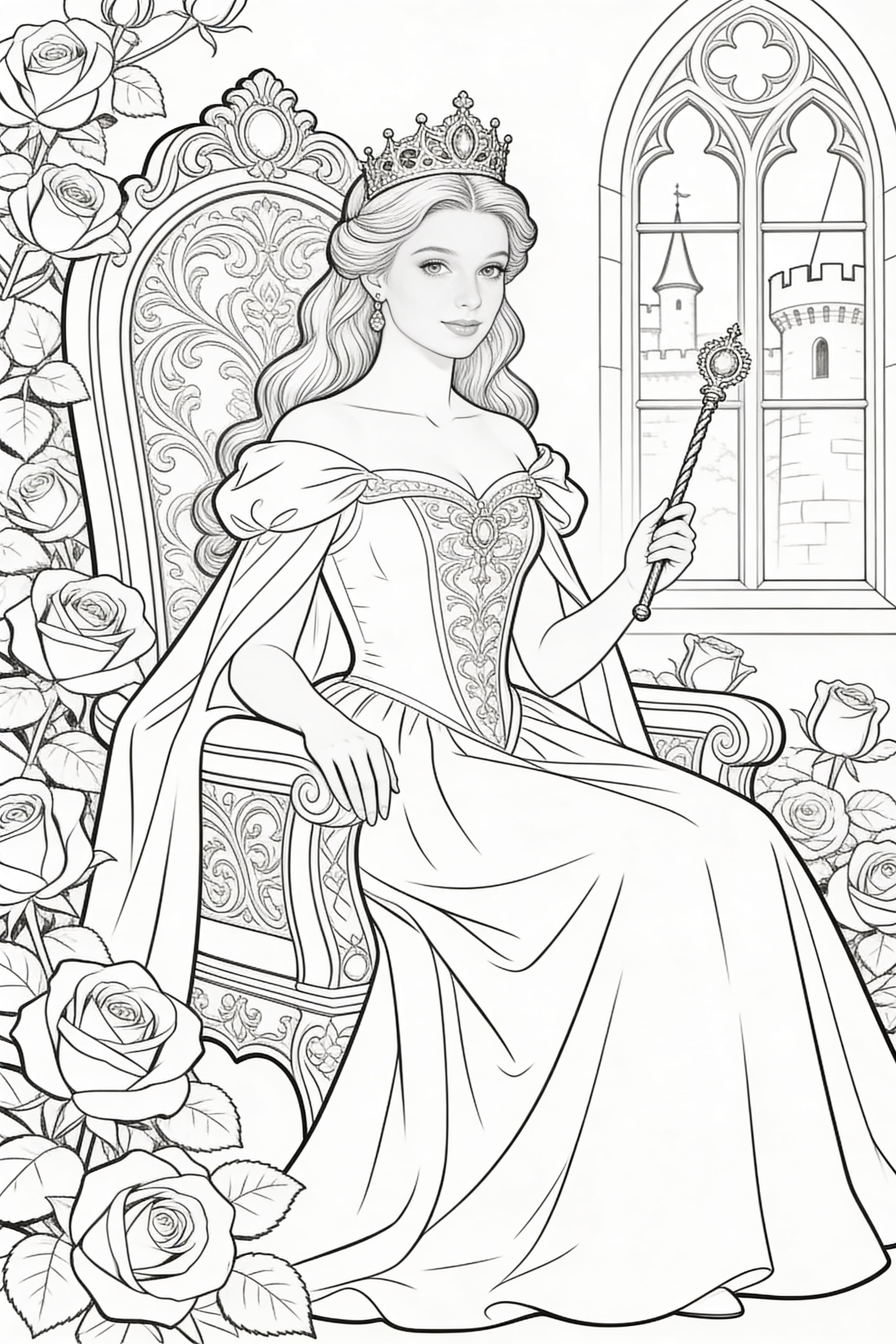 Realistic princess coloring page featuring princess activities