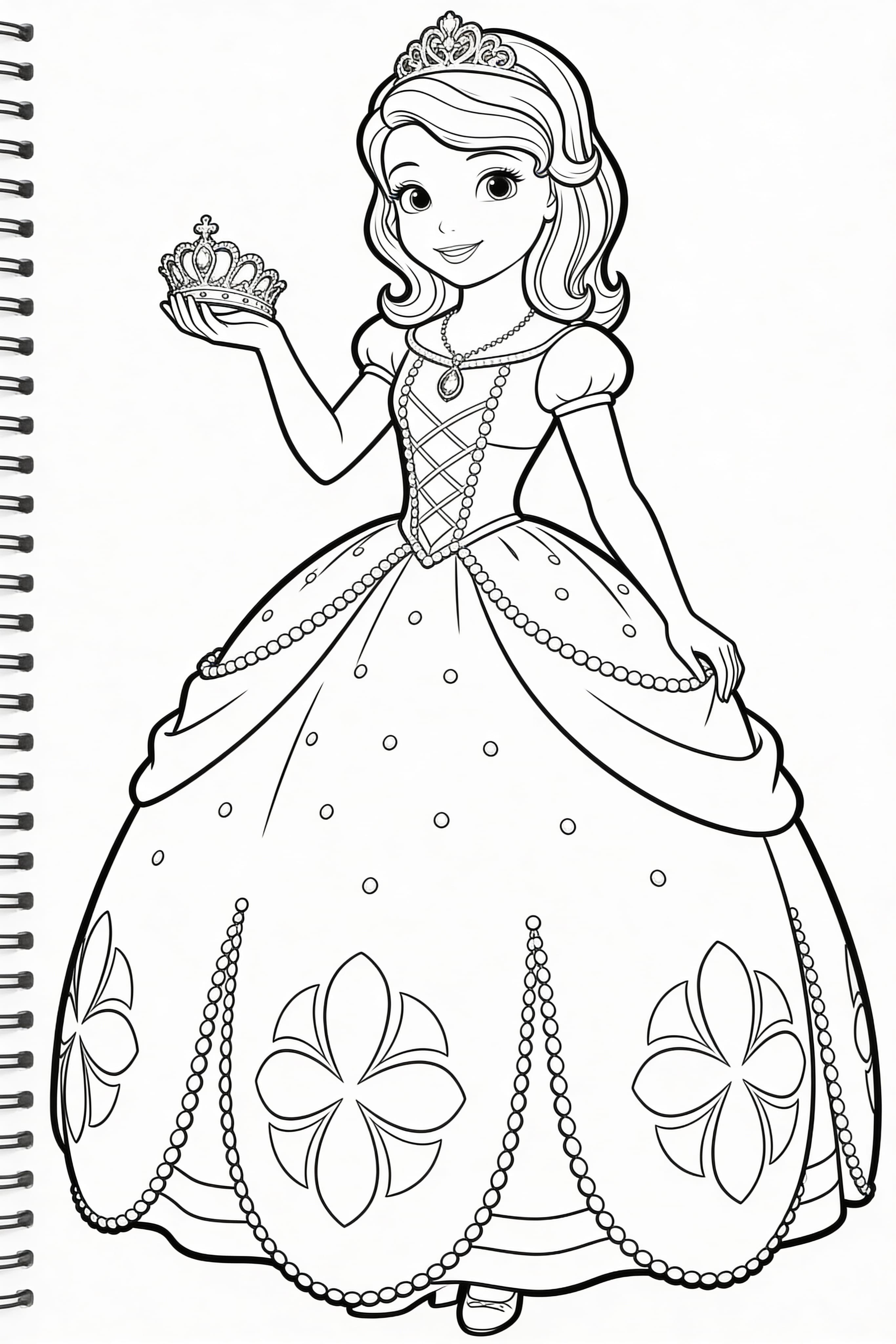 Realistic style princess coloring page showing princess activities