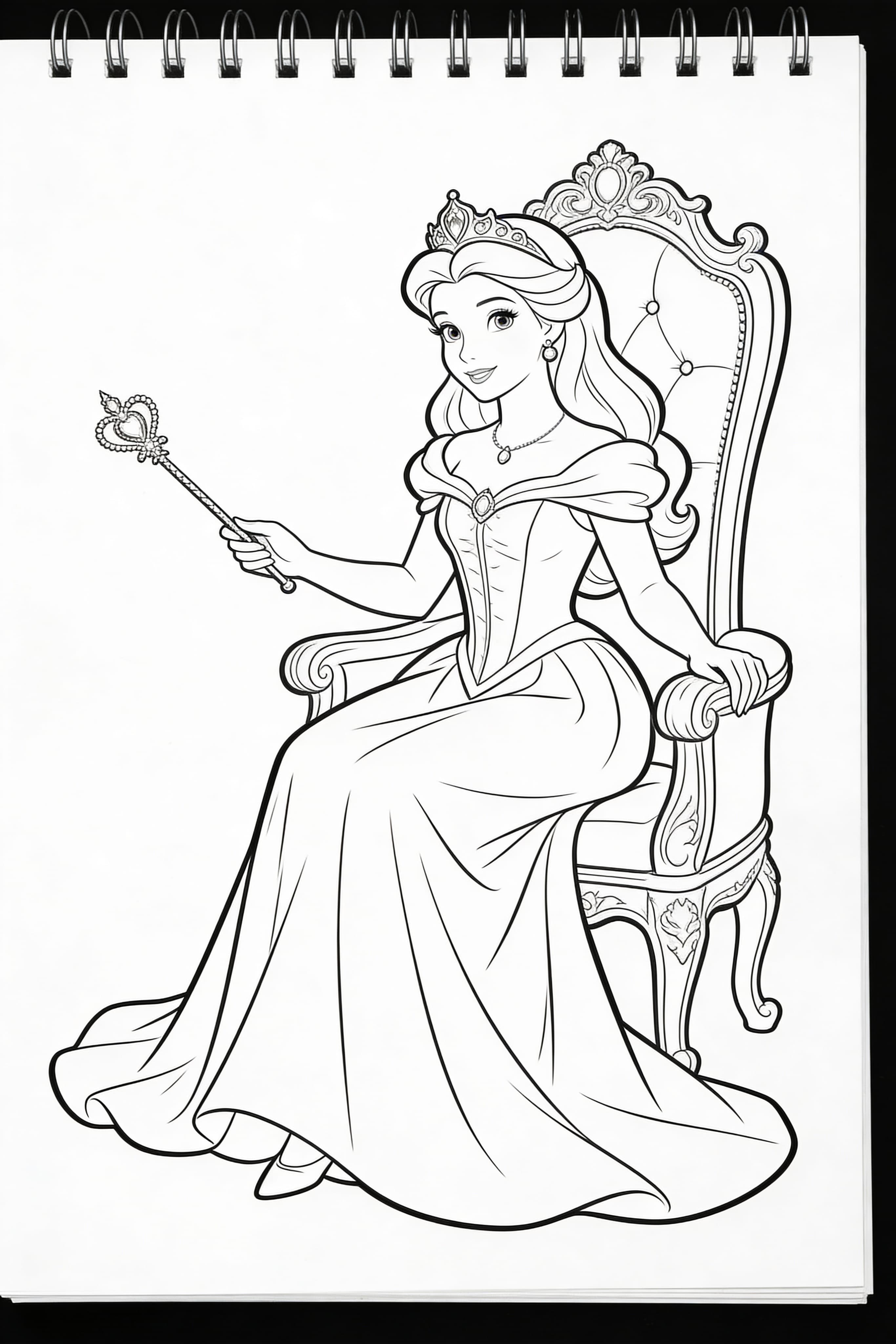 Realistic style princess coloring page, depicting a princess engaged in royal activities
