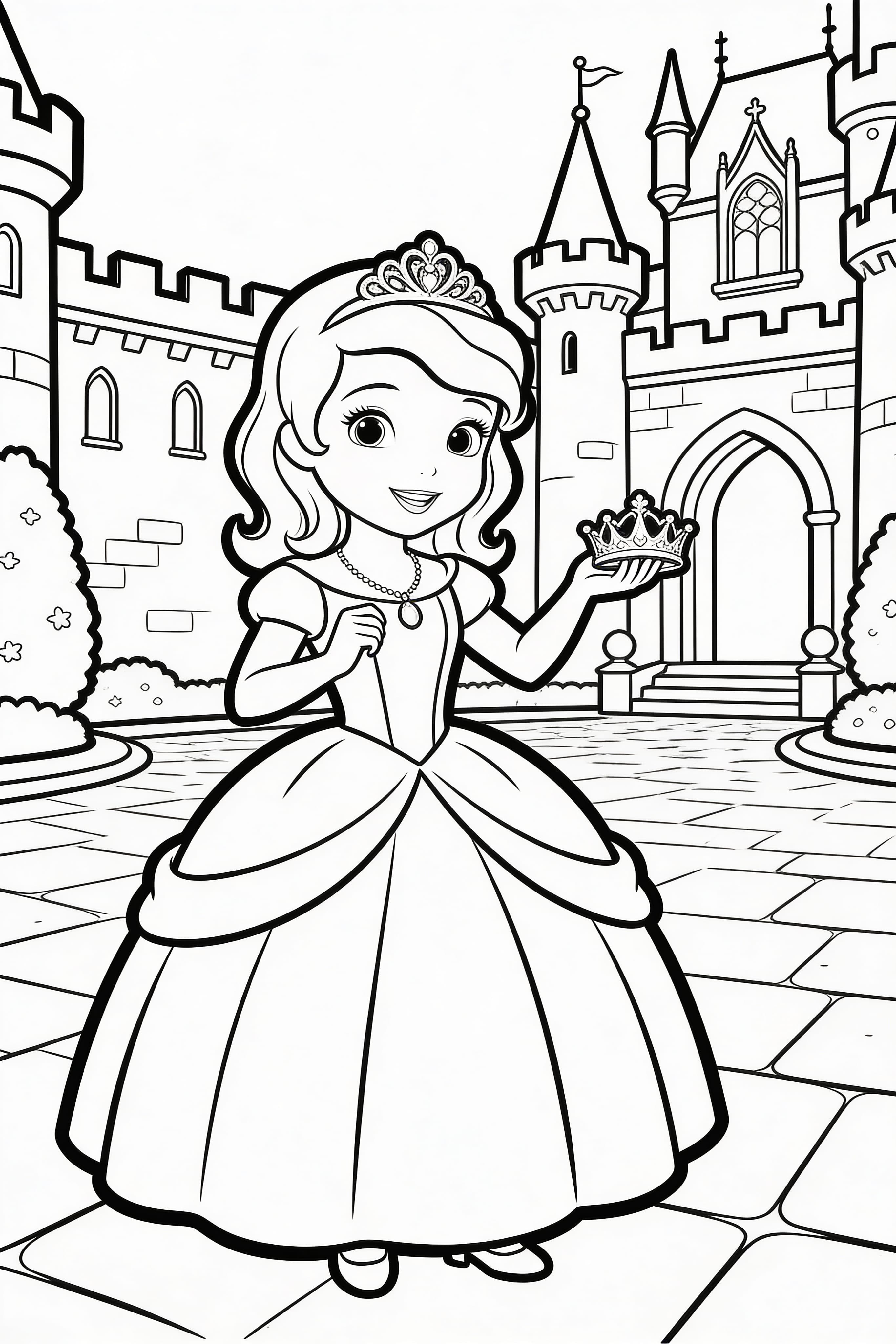 Printable coloring page of a simple princess doing princess activities