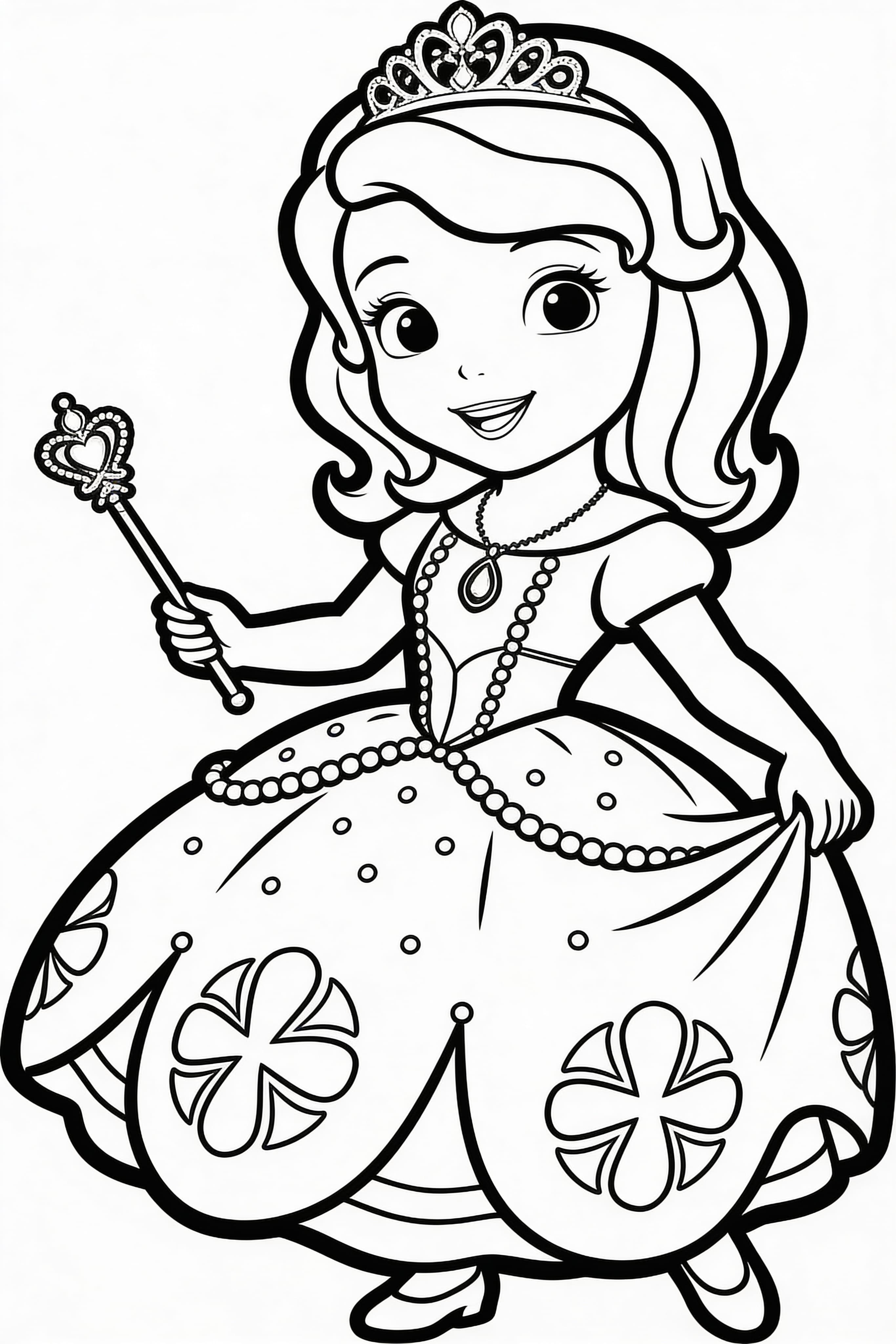 Printable coloring page featuring a princess in a royal setting for kids